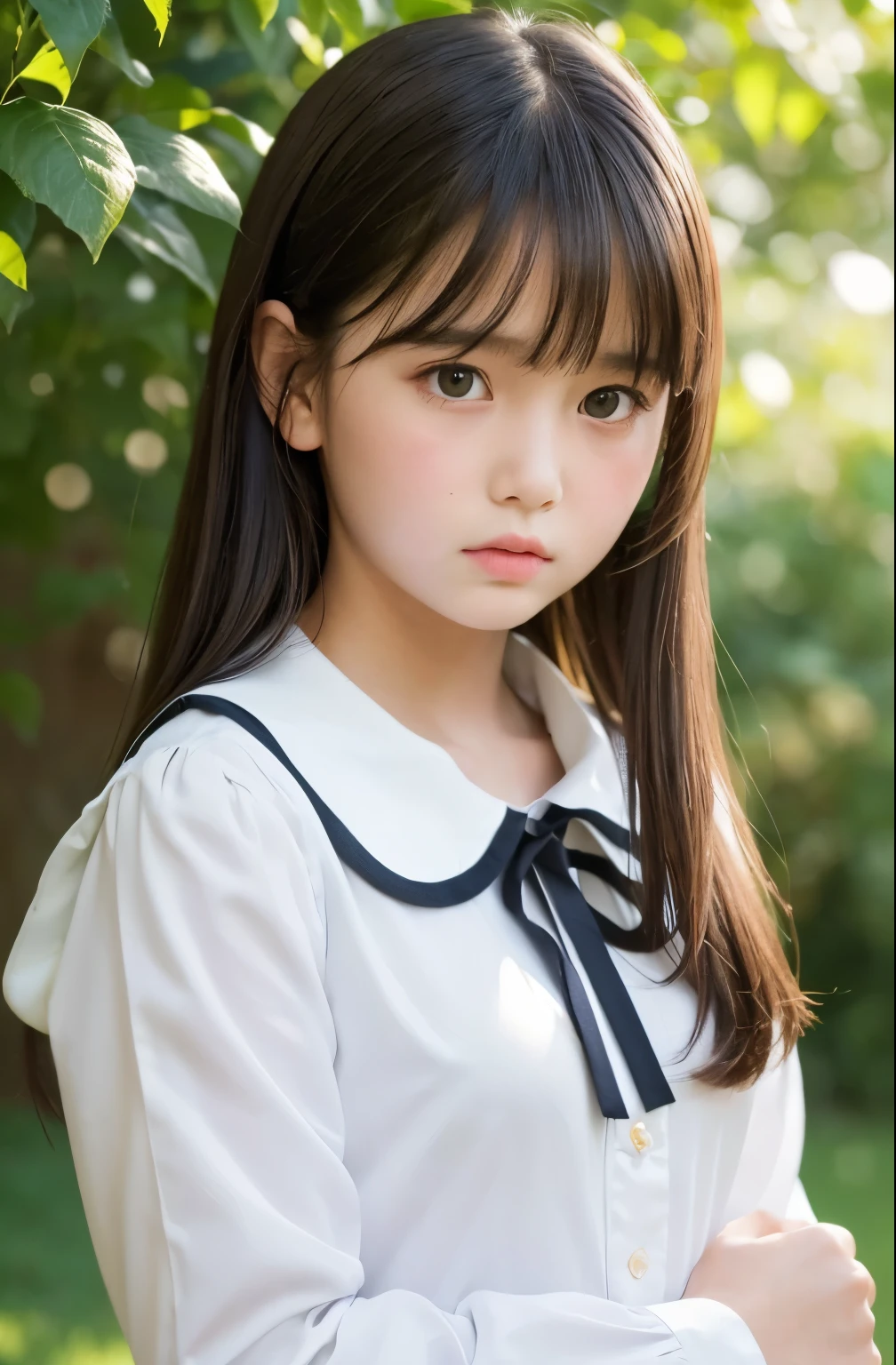 (Best Picture Quality,8K Quality,Masterpiece:1.3,),(Super A Quality,Photorealistic:1.4,Raw Photo),(Asahi:1.3),(Masterpiece:1.2),(Realistic:1.2),(Raw Photo),(Detail:1. 2), Official Art, Unity 8K wallpaper, Super definition, aesthetic, masterpiece, top quality, outdoor, white exterior wall, natural light (bright sunlight), one girl, garden, ribbon in hair, dark hair, bangs, , (13 years old, angry face, (dissatisfied, pout), glossy cheeks, (light on cheeks), simple white dress, (long sleeves, collar), neat