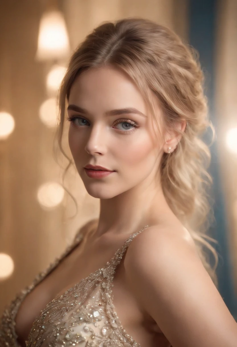 foto profissional de corpo inteiro, alto detalhe, pele realista. As the camera pans around the room, the magical bokeh of the lights creates a dreamlike atmosphere. No centro da sala, there is a 20 year old goddess with straight blonde hair, boca grande, fleshy lips and blue eyes. She is wearing a pair of sparkling earrings and a dress with a generous neckline drawing attention to her large breasts., adding a touch of mystery to its already intriguing presence. its intricate details adding to the overall cinematic feel of the scene.