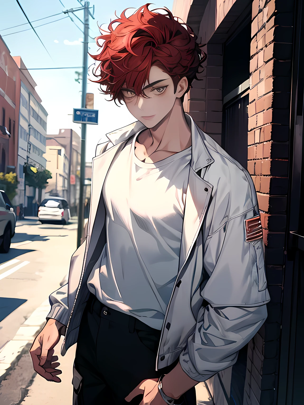 1boy, face focus, accurate beautiful black eyes, curly two sided haircut, body is well proportioned, wearing white jacket, white t-shirt, cargo pants, his in the neighborhood, looking at viewer, high resolution, ultrasharp, 8k, masterpiece, half-body:0.6, detailed eyes, eyes extremely detailed, red hair