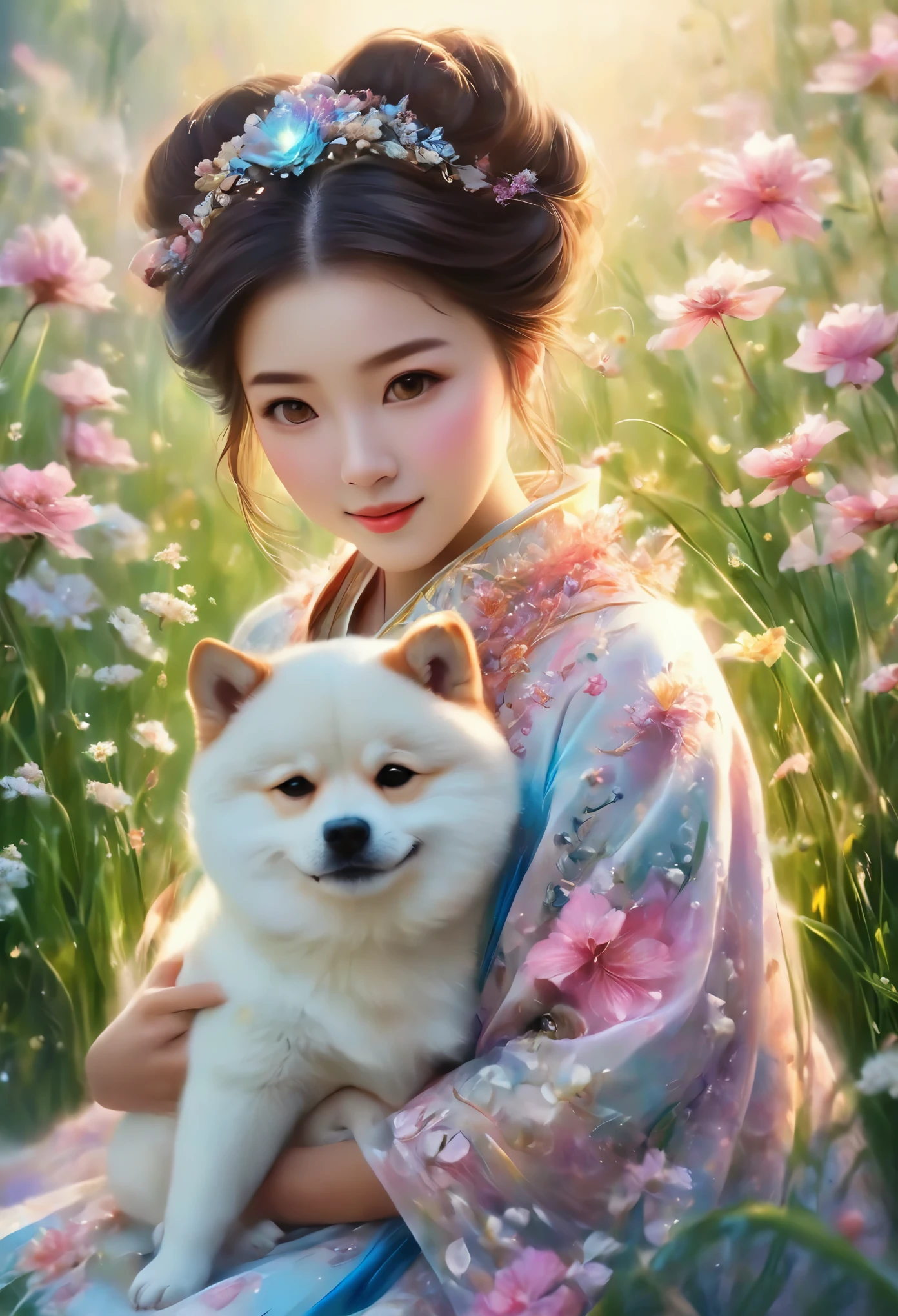 (high quality, 4k, HD, high definition: 1.2), magical, dreamlike image, (realistic, photorealistic, photorealistic: 1.37), (illustration, oil painting, 3D rendering, photography), detailed textures, vibrant colors, soft lighting ,((a girl sitting on the grass hugging a Shiba Inu:1.5)), beautiful landscapes, whimsical atmosphere, soft sunlight, flowers, enchanting forest, sparkling stream, peaceful atmosphere, captivating expressions, harmonious composition, joyful connection between girl and dog, vivid emotions, perfect combination of reality and fantasy, surreal elements, intricate details on the girl's dress, intricate patterns on the dog's fur, serenity, chance.