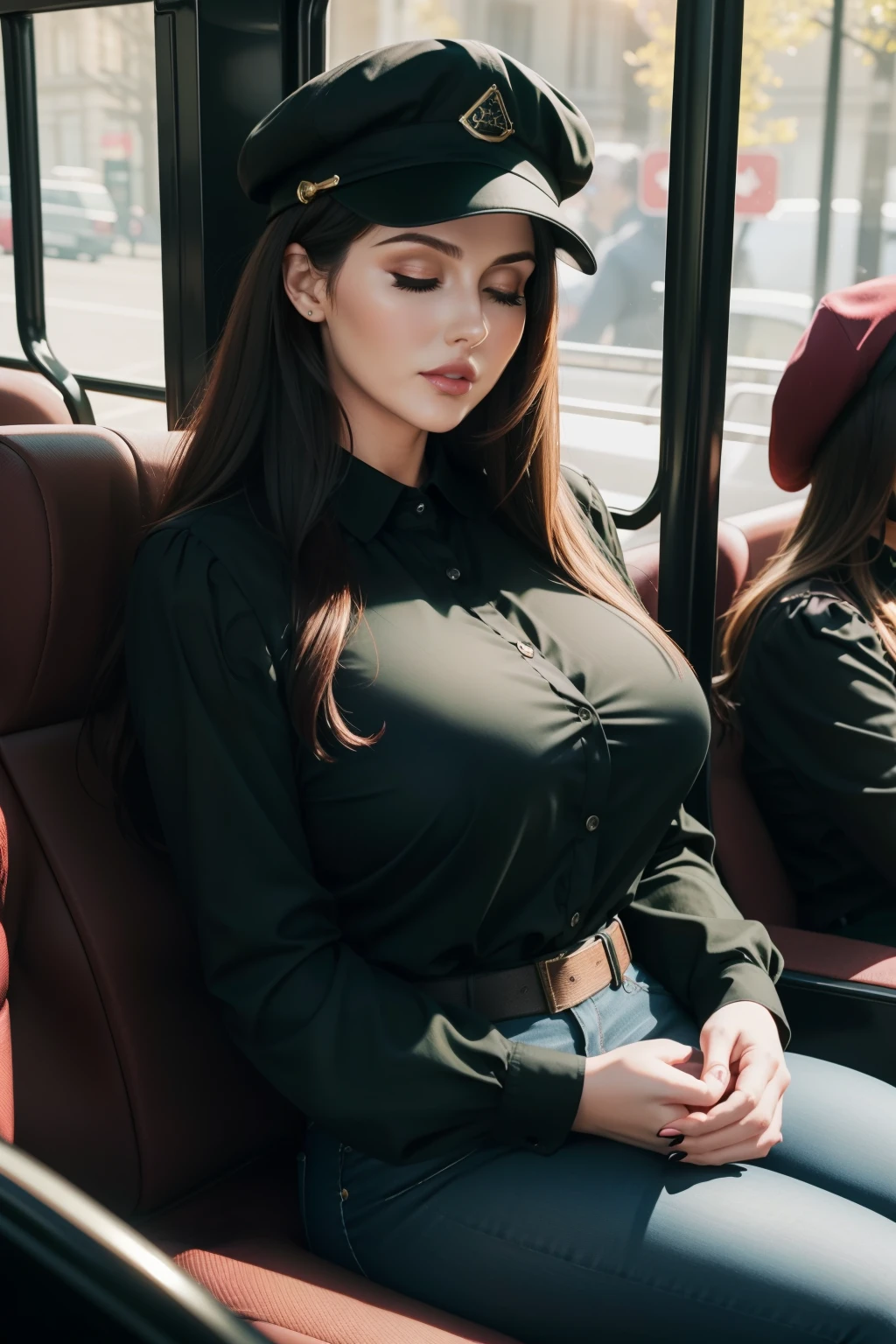 1 beautiful woman, large body, maroon lips, black cap, made-up eyelids, two-button blouse, green blouse, long-sleeved blouse, blue jeans, black bag, sleeping sitting on the bus, mouth open, eyes closed, Lucy Pinder.