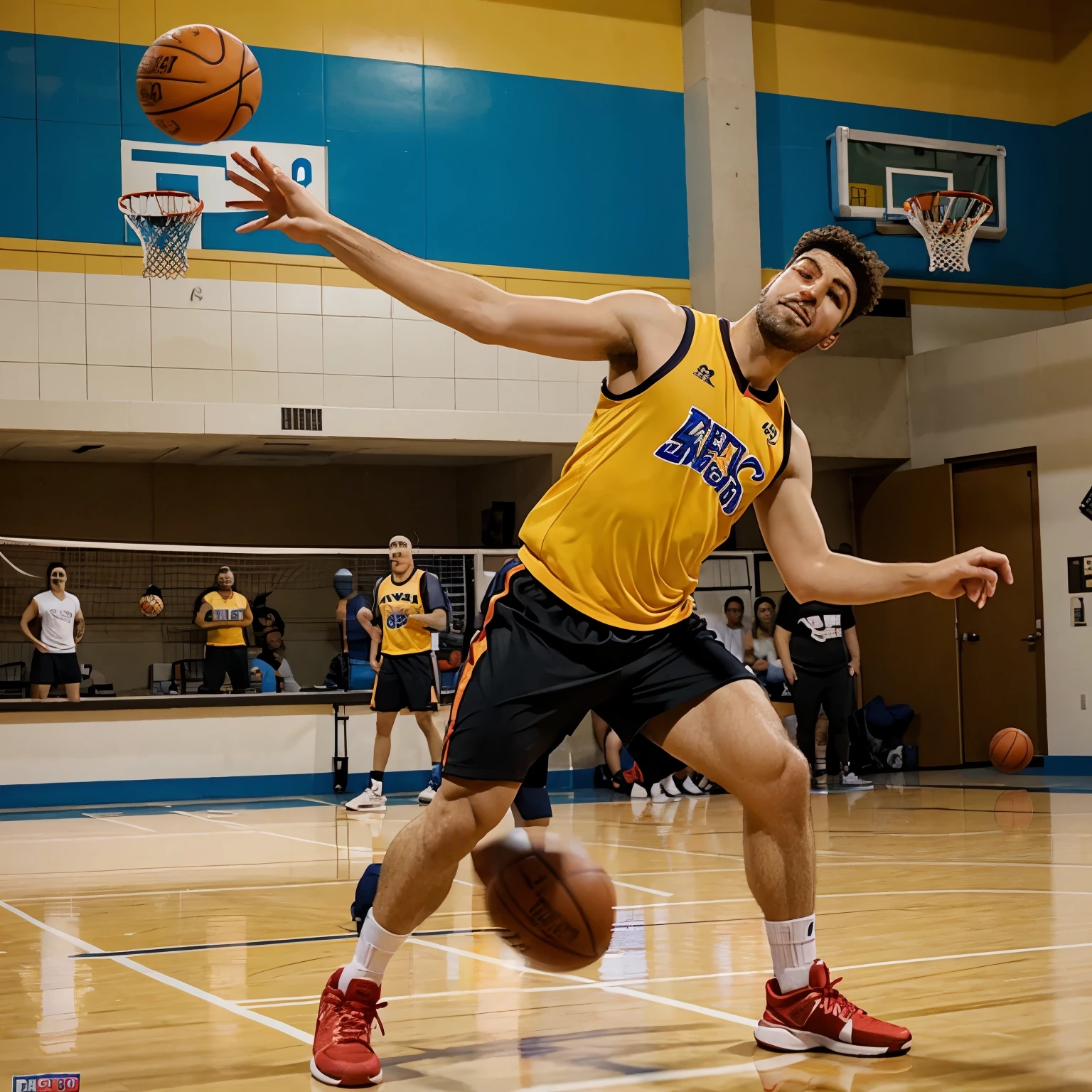 Homero simpson anotando canasta en un partido de basquetball al lado de bart simpos con una pelota de fuego