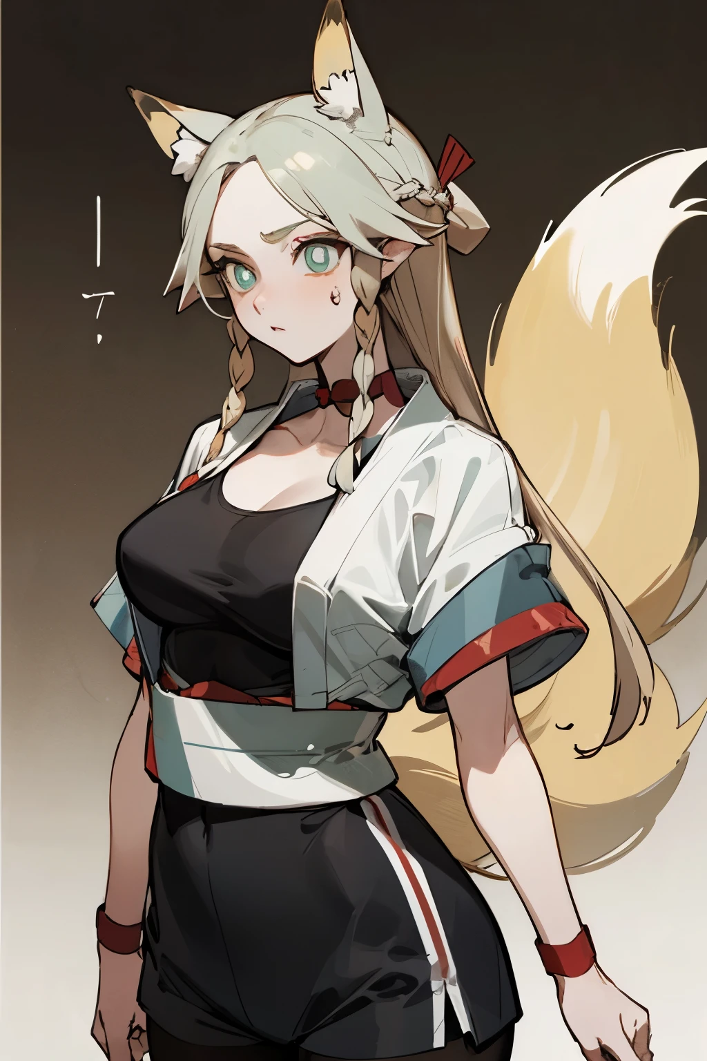 (Fox ears), Exquisite eyes,  silver accessories , Blonde ，Facial details,  Red Eyeshadow, Ukiyo-e, masterpiece, high quality, at the lowest limit, Large Breasts，Black pantyhose,solo,White short top, sports Shorts