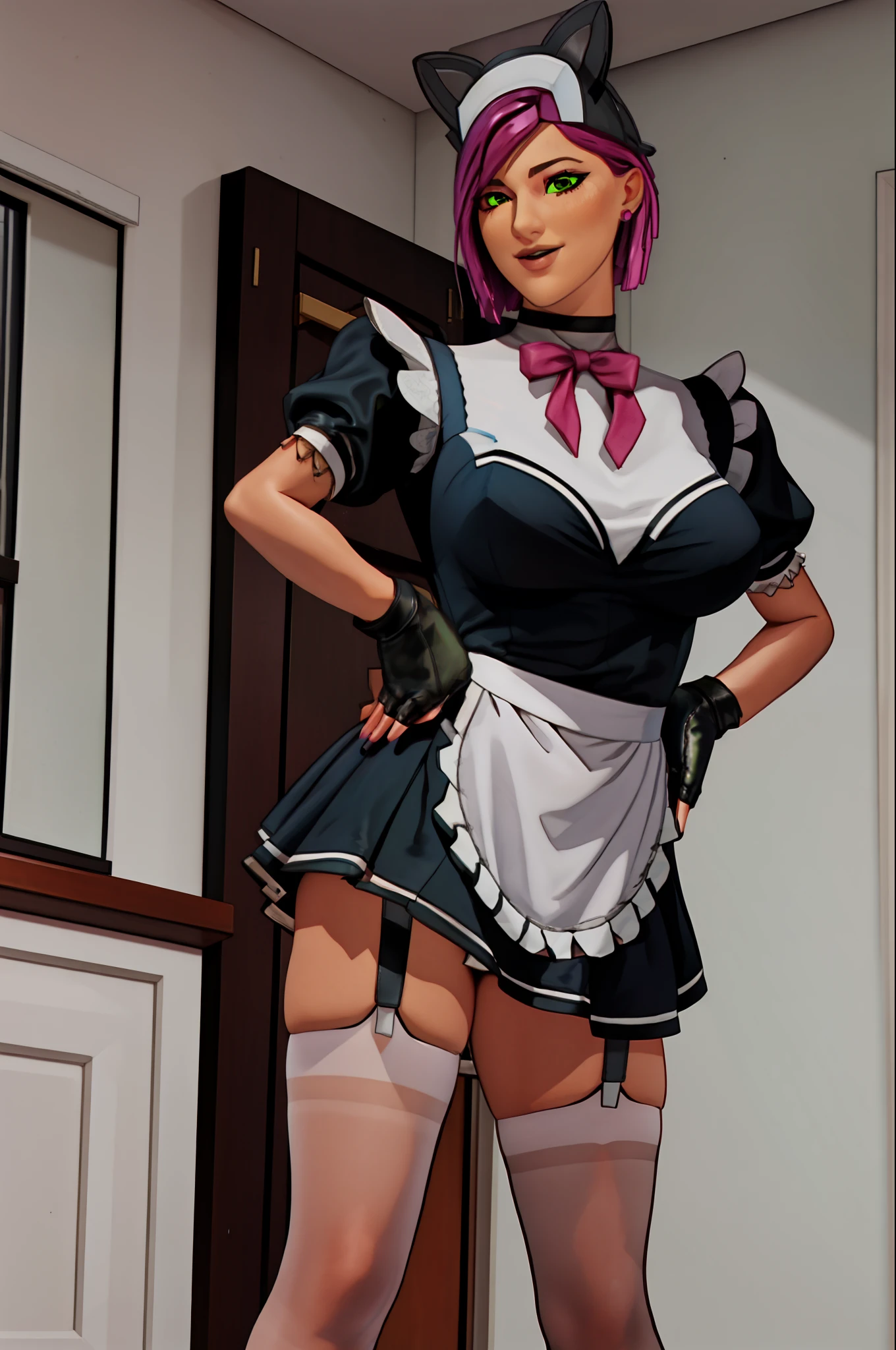 1girl, solo, standing, (legs apart:1.1), (crossed arms:1.1), cowboy shot,
looking at viewer, smile, blush,
Pink hair, short hair, beautiful green eyes, earrings, jewelry, 
maid, maid headdress, bowtie, maid apron, black shirt, puffy short sleeves, elbow gloves, fingerless gloves,  miniskirt, white thighhighs, garter straps,
(curvy:1.1), large breasts,
indoors, luxury room, window, mansion,
