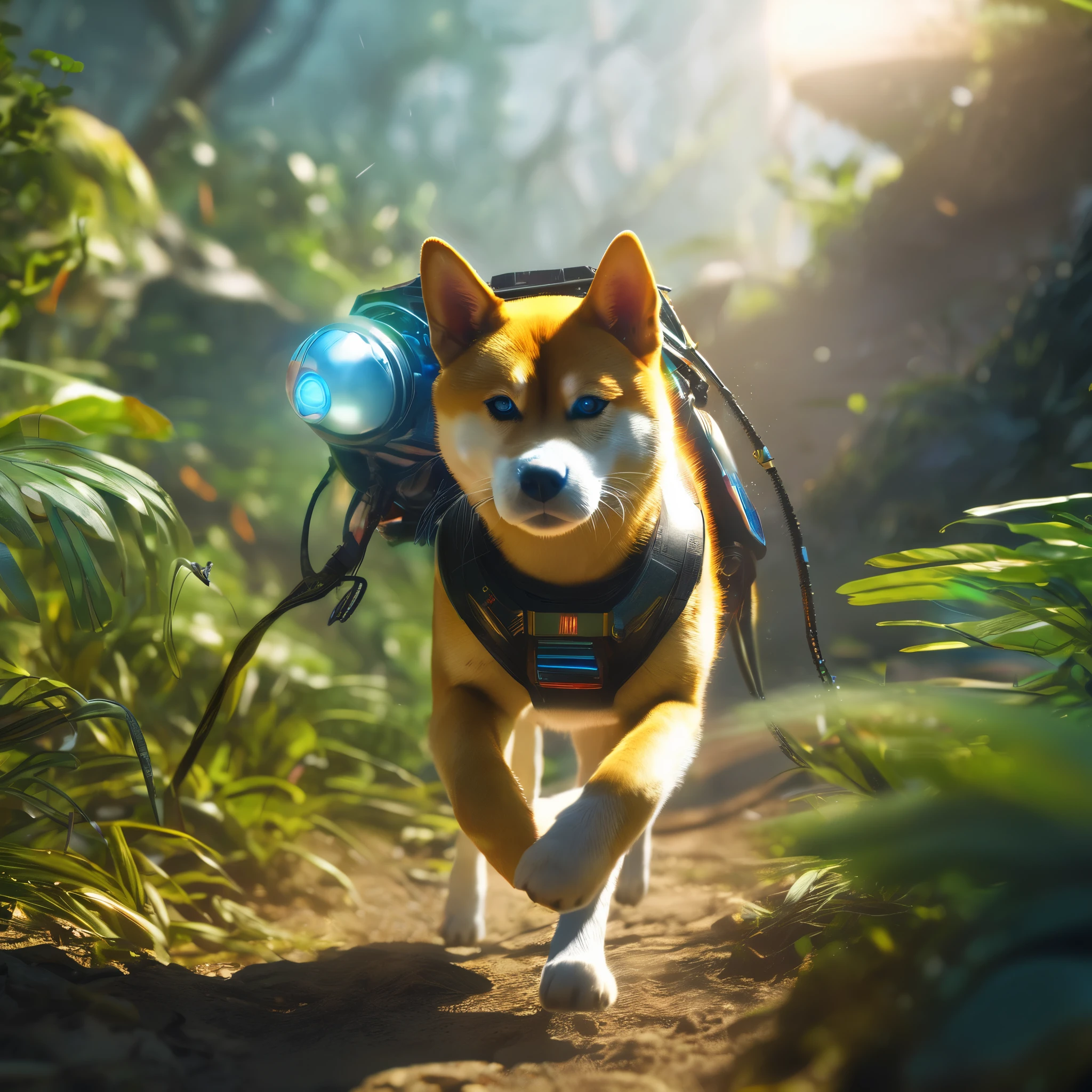 (best quality,4k,8k,highres,masterpiece:1.2),ultra-detailed,(realistic,photorealistic,photo-realistic:1.37), Shiba Inu cyborg super-soldier, exploring alien world, cat creatures, crazy cat-friendly jungle, tennis ball rocket, high hill, vibrant colors, atmospheric lighting, sci-fi, concept artists.
