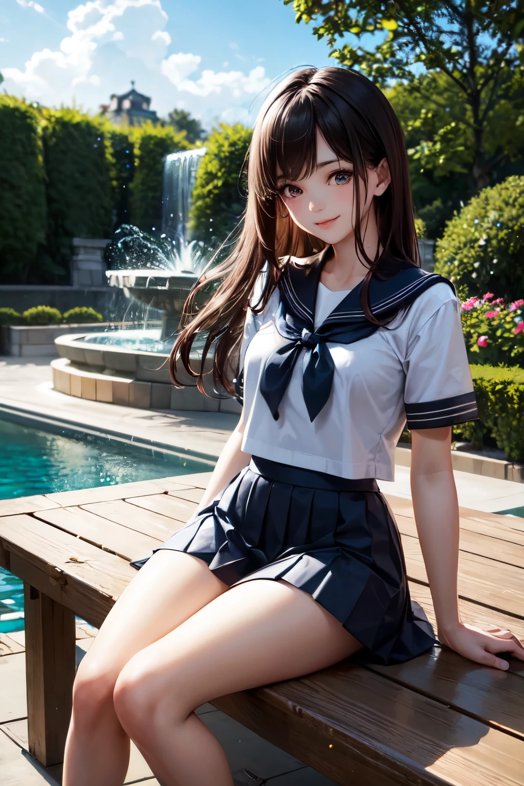 (1 woman), ((Micro thong)), (((spread legs))), (Sailor school uniform only for the upper body), (white short shirt), ((Crop Top shirt)), summer clothes, Red Ribbon Tie, masterpiece, Best Quality, High quality, High Definition, Finely detailed, Detailed texture, realistic representation of face, Realistic, Colorful, Ray tracing, (((lighting forward))), smile, (glowing eyes), (Detailed beautiful delicate face, Detailed beautiful eyes, A perfectly proportioned face, High detailed skin, best ratio four finger and one thumb, (((Glowing white shiny skin))), (oiled skin), (((large breasts))), (((underitting on a bed with one knee up)), ((Smooth texture, Realistic texture, Photorealistic)), (((Green eyes))), (((medium hair))), (Beautiful face, Cute face, Detailed face)
