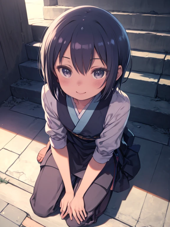 Sayudev, whole body, smile, blush, Outdoor, Daytime, Simple Background, blue null, short hair, null, Temple, Looking at the audience, Sitting on the stairs, village, Moody lighting,