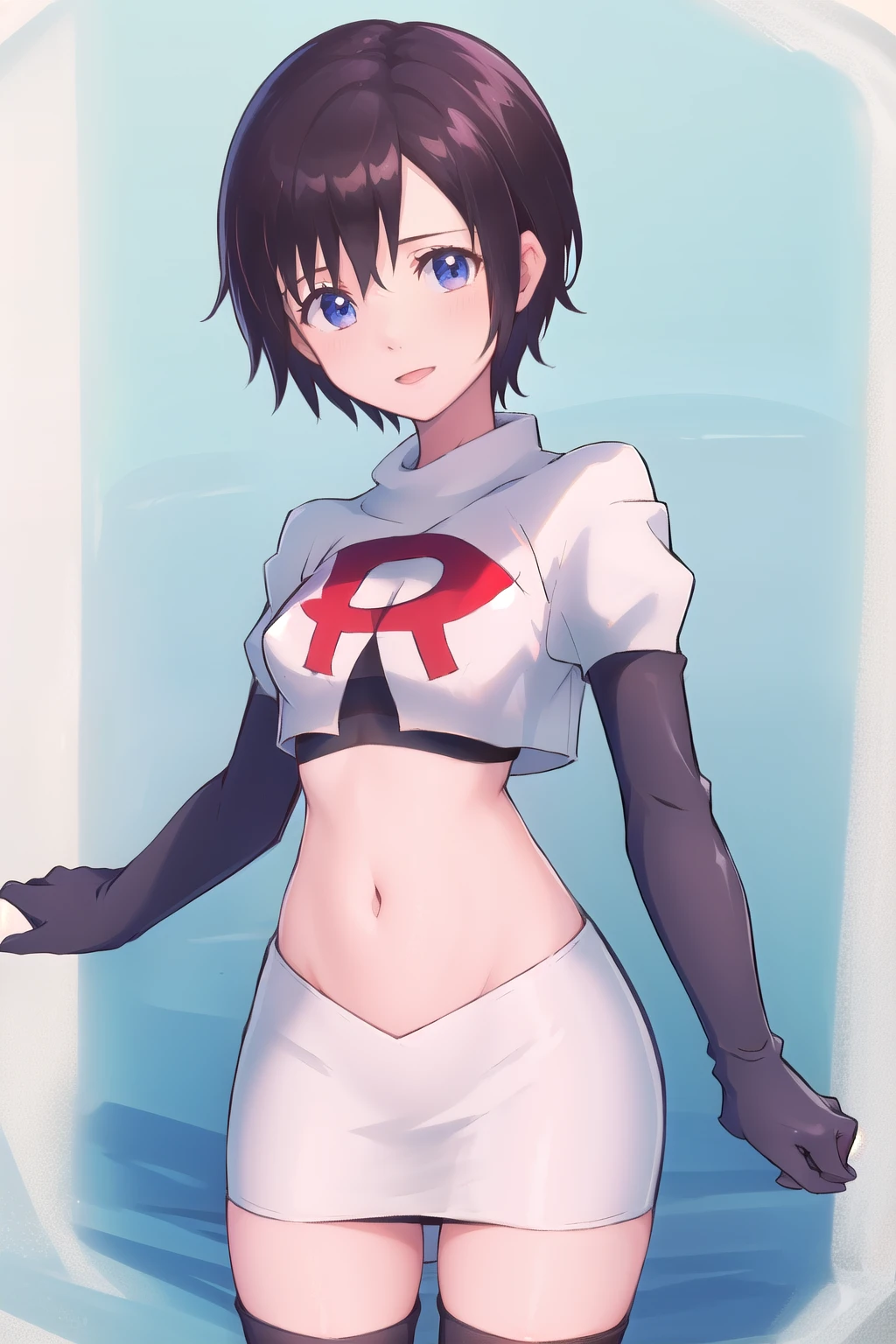 masterpiece, best quality, highres, aaxion, short hair, team rocket,team rocket uniform,white skirt,red letter R,crop top,black thigh-highs,black elbow gloves, cowboy shot, 