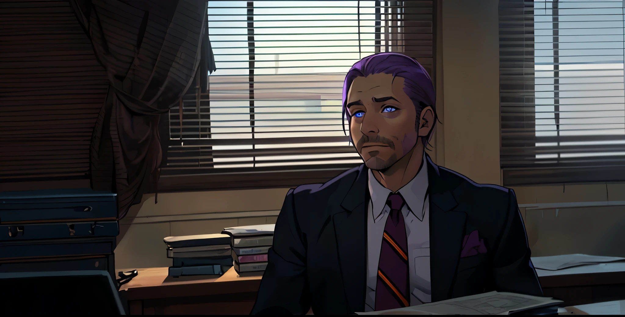 40 year old man violet eyes violet hair speaks mockingly with irony