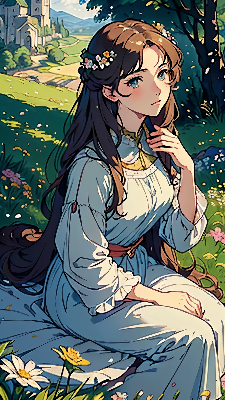 (highest quality, masterpiece, High resolution)、4K Anime Art、Soft Light、(A woman standing on a hill with flowers in her hands、20-year-old)、(Detailed depiction of a beautiful face)、Put your hair up、Medieval European Dress、 Hills of England、(Pre-Raphaelite style)、(Edmund Leighton Style)、(sergeant style)、
