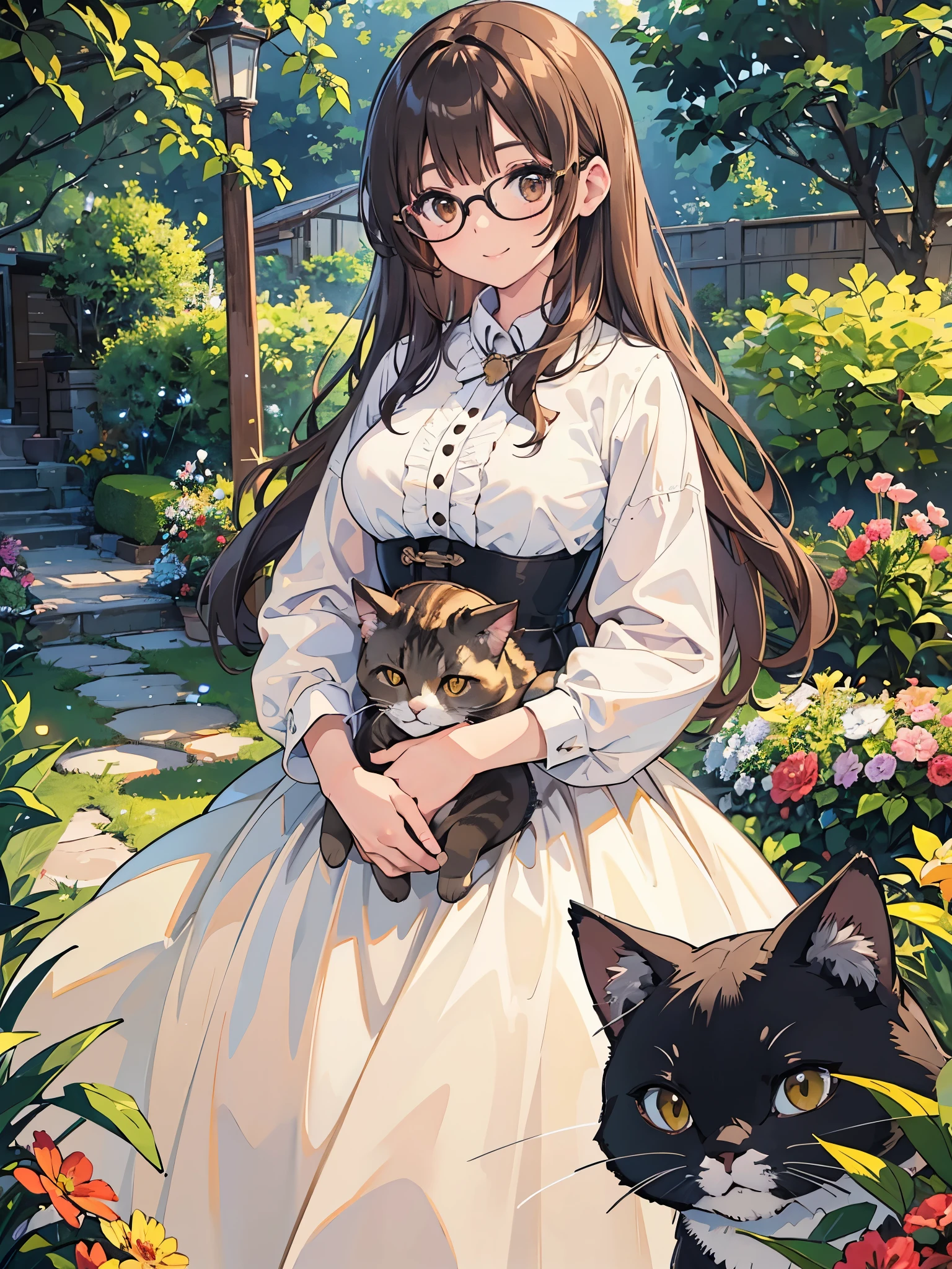 1 Female、Brown hair、Brown Eyes、Best Quality、Super detailed、8 Resolution、Raw photo、Mastepiece、Perfect Body、high resolution、highest quality、Detailed drawing、Vibrant colors、lure、smile、Long Hair、Black-rimmed glasses、Captivating breasts、Cat、hug、garden