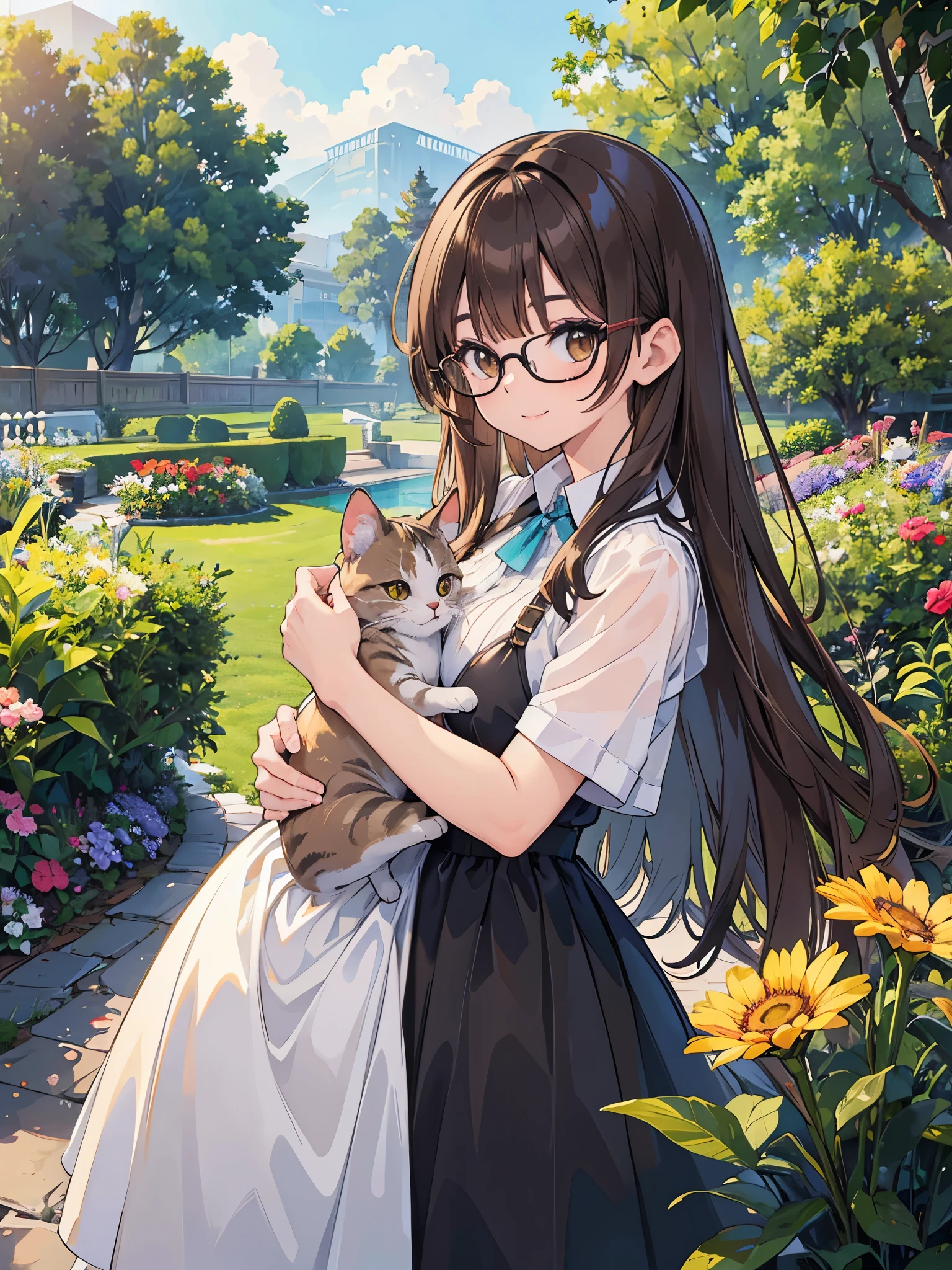 1 Female、Brown hair、Brown Eyes、Best Quality、Super detailed、8 Resolution、Raw photo、Mastepiece、Perfect Body、high resolution、highest quality、Detailed drawing、Vibrant colors、lure、smile、Long Hair、Black-rimmed glasses、Captivating breasts、Cat、hug、garden