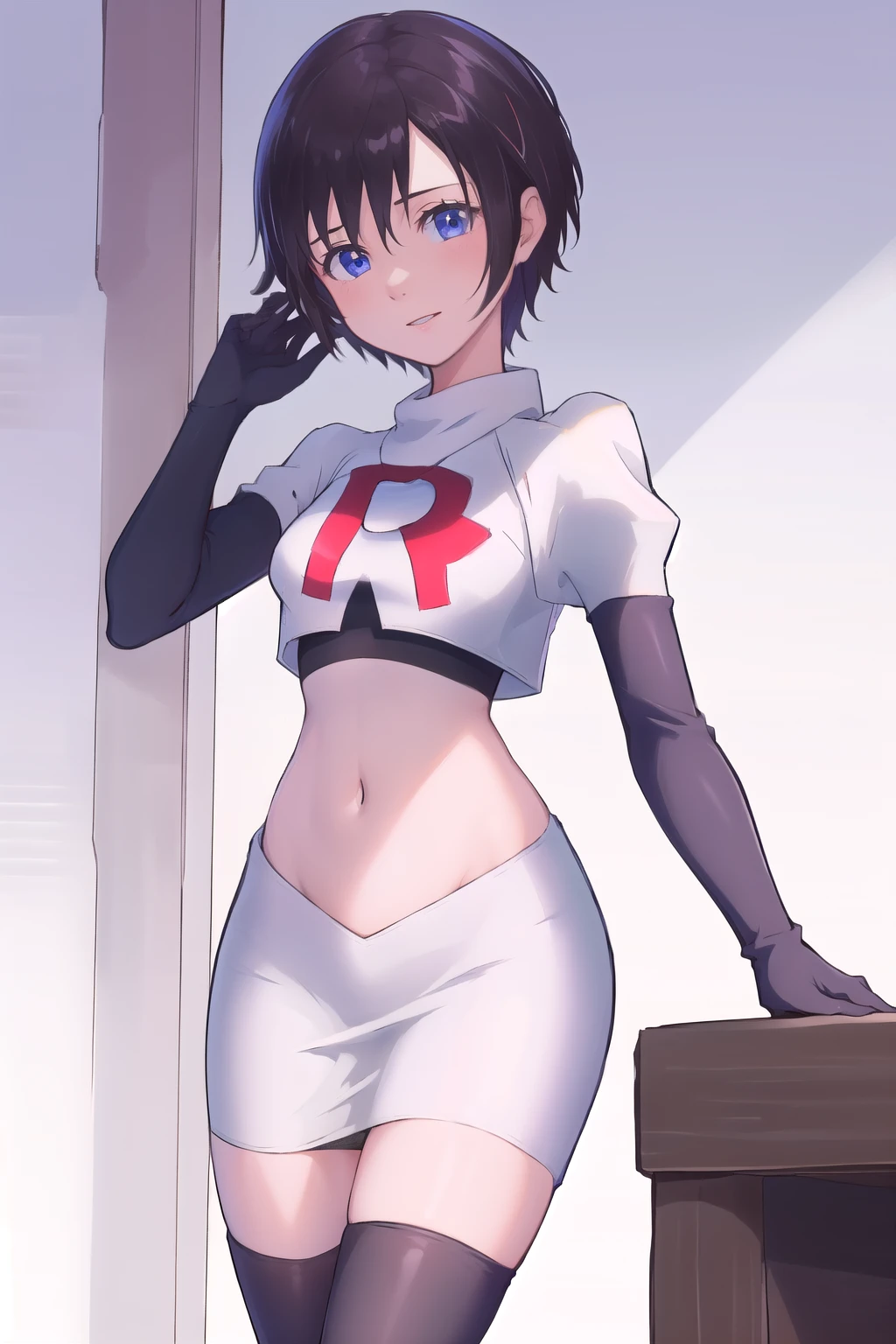 masterpiece, best quality, highres, aaxion, short hair, team rocket,team rocket uniform,white skirt,red letter R,crop top,black thigh-highs,black elbow gloves, cowboy shot, 