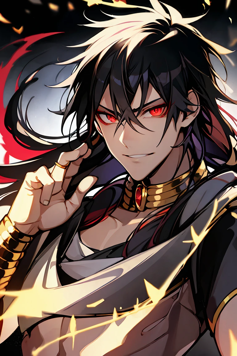absurdres, highres, ultra detailed, HDR, master piece, best quality, perfect face, beautiful eyes, Judar, Magi, black hair, expressive red eyes, solo, man, handsome