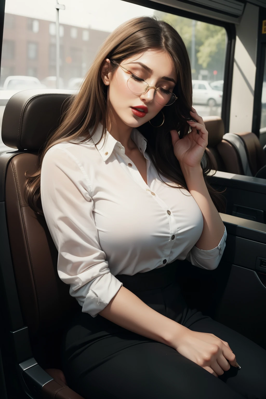 1 beautiful woman, large body, 30 year old, closed eyes, necklace, very fair skin, glasses, messy brown hair, made-up eyelids, eyelids outlined with make-up, dark green caffarena, white jeans, WHITE JACKET over polo shirt, boots, green cafarena, wearing a large cream handbag, asleep with her mouth open, asleep stretched out on the bus seat, hands in her lap, mouth wide open, nodding, Lucy Pinder, ((ADele)), face portrait.