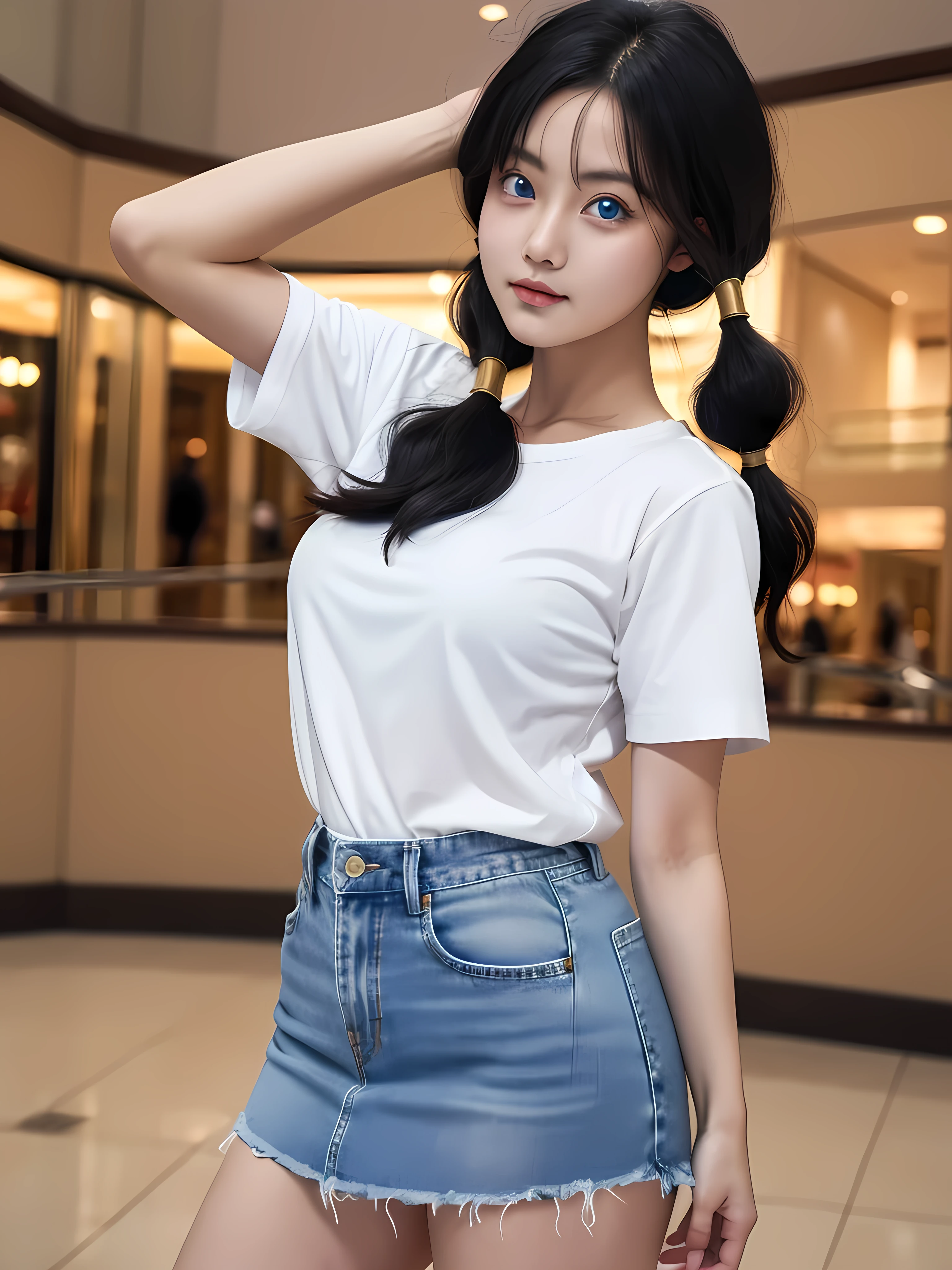 masterpiece, best quality, highres, videl2, solo, blue eyes, black hair, twintails, medium breasts, cowboy shot, mall, denim skirt, losse hair, attractive pose