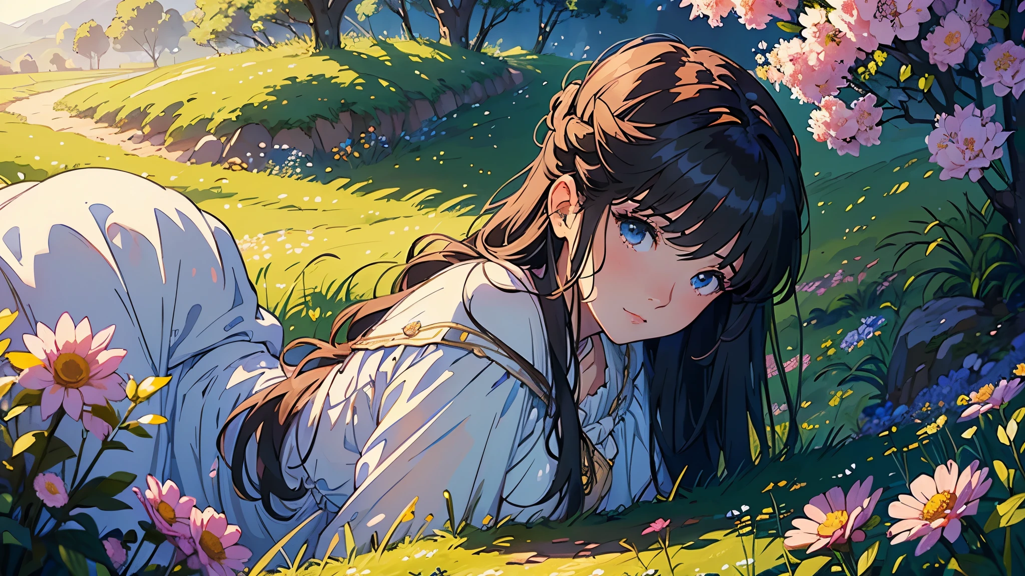(highest quality, masterpiece, High resolution)、4K Anime Art、Soft Light、(A woman standing on a hill with flowers in her hands、20-year-old)、(Detailed depiction of a beautiful face)、Put your hair up、Medieval European Dress、 English hills shrouded in morning mist、(Pre-Raphaelite style)、(Edmund Leighton Style)、(sergeant style)、