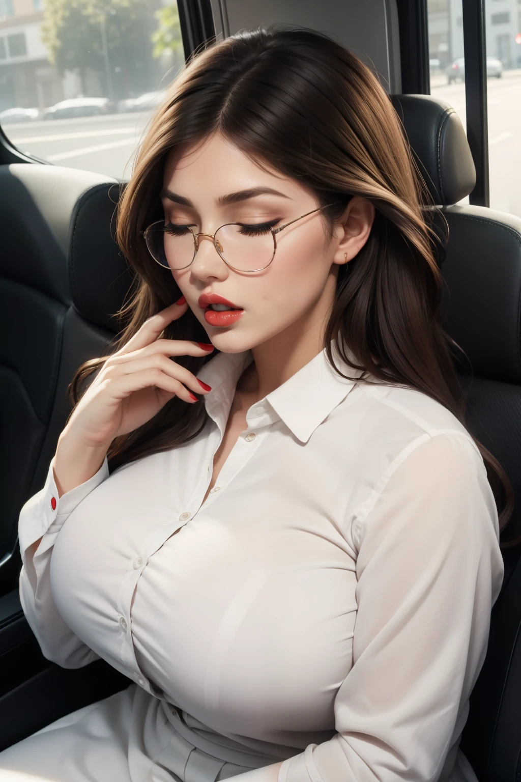 1 beautiful woman, drooling, eyelids outlined, sleeping with her mouth open, lips open, sleeping sitting on the bus seat, frizzy hair; White shirt; brown wallet; curvy woman, outlined eyes, dark-haired woman, glasses, dress pants, eyes closed, head resting on the seat, sitting near the window, head raised upwards with open mouth, eyes closed, red lips, Lucy Pinder, very intense makeup.
