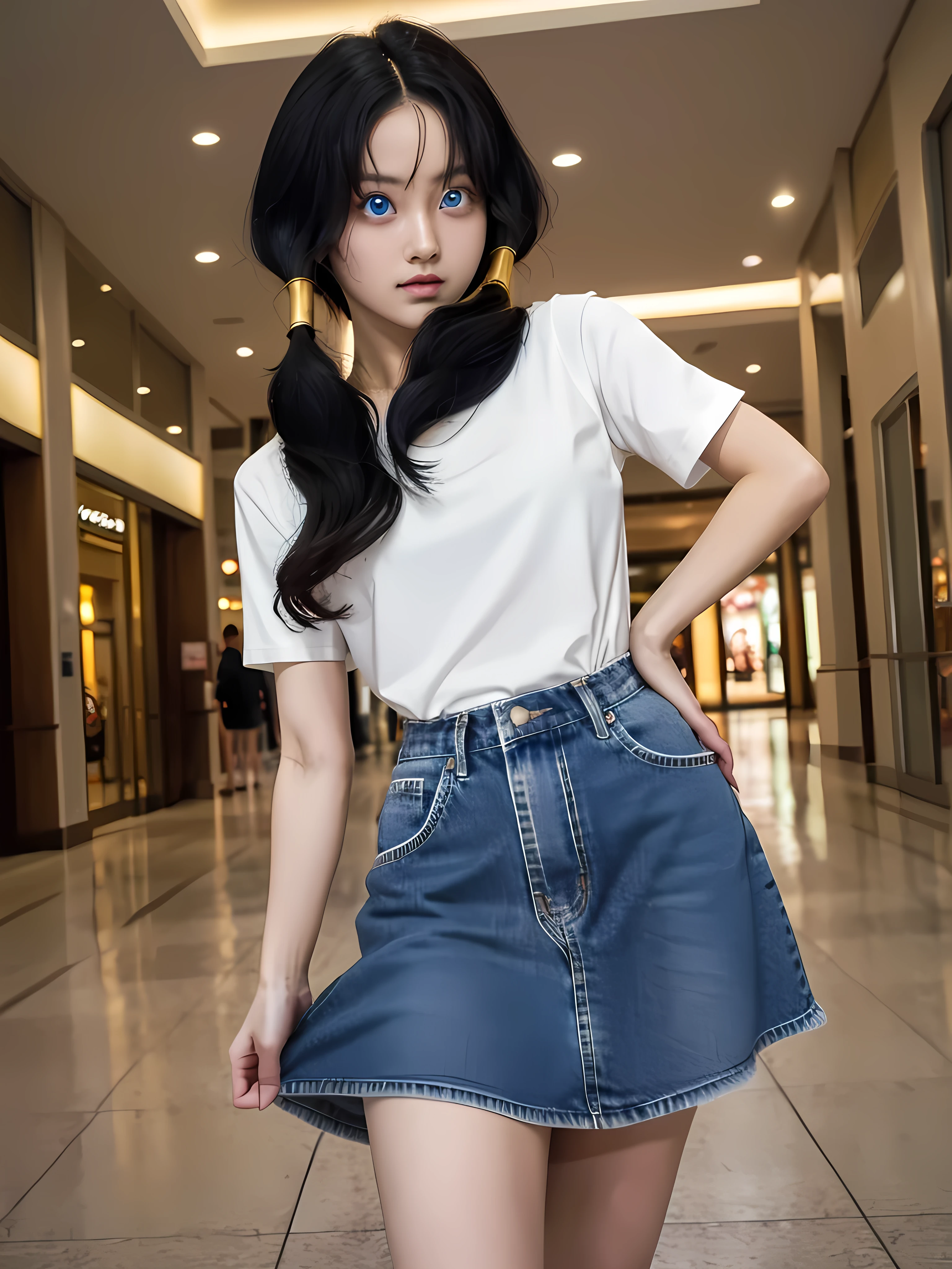 masterpiece, best quality, highres, videl2, solo, blue eyes, black hair, twintails, medium breasts, cowboy shot, mall, denim skirt, losse hair, attractive pose