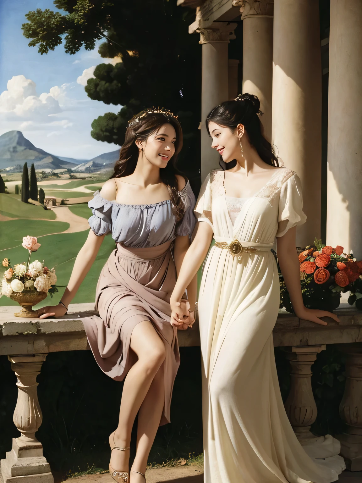 full body portrait or statue、Giorgione painting style,Arguments of two female Philosophe,math、astronomical machine、astronaut、roses in vase、fruits、Cute trinkets、smile、ancient greek costume、Ancient Roman landscape in the style of Nicolas Poussin,laughter,,Sweet and seductive appearance.、Caravaggio's paintings、Chiaroscuro of Caravaggio、hair tousled by the wind,Two women frolicking,cute smile, expression of ecstasy,Sexy,erotic,