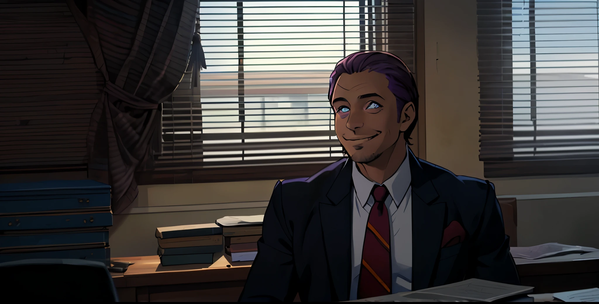 40 year old man violet eyes short violet hair speaks and smiles maliciously with mockery with irony