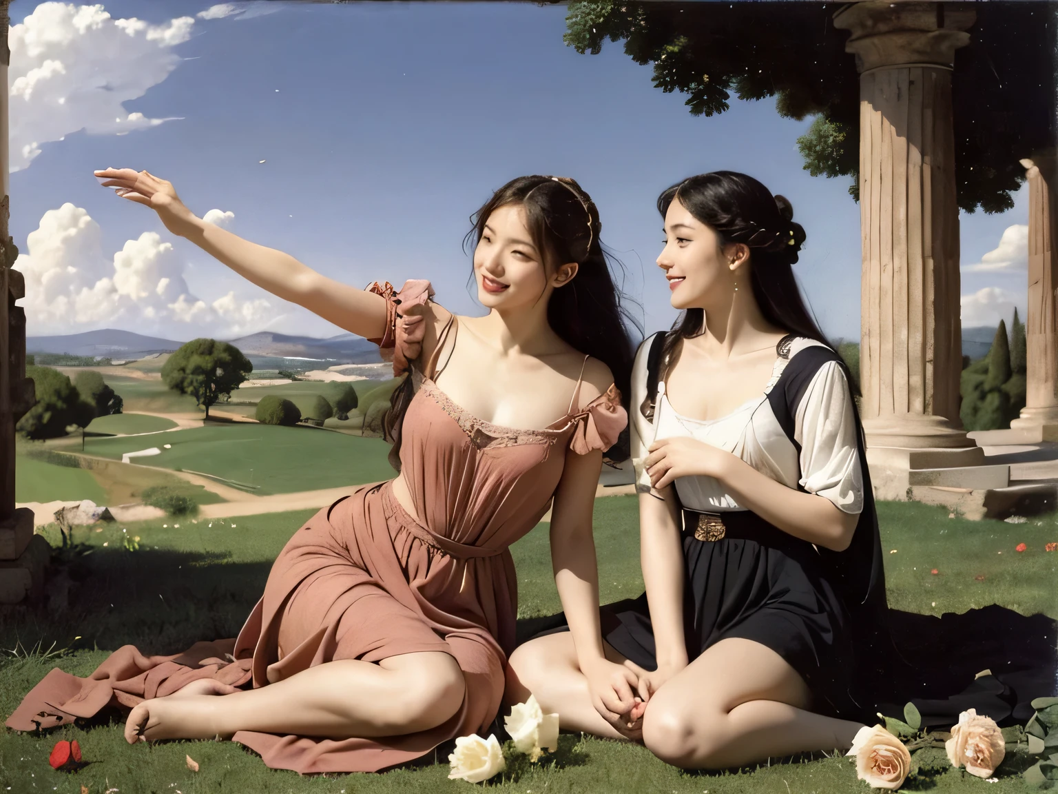 full body portrait or statue、Giorgione painting style,Arguments of two female Philosophe,math、astronomical machine、astronaut、roses in vase、fruits、Cute trinkets、smile、ancient greek costume、Ancient Roman landscape in the style of Nicolas Poussin,laughter,,Sweet and seductive appearance.、Caravaggio's paintings、Chiaroscuro of Caravaggio、hair tousled by the wind,Two women frolicking,cute smile, expression of ecstasy,Sexy,erotic,
