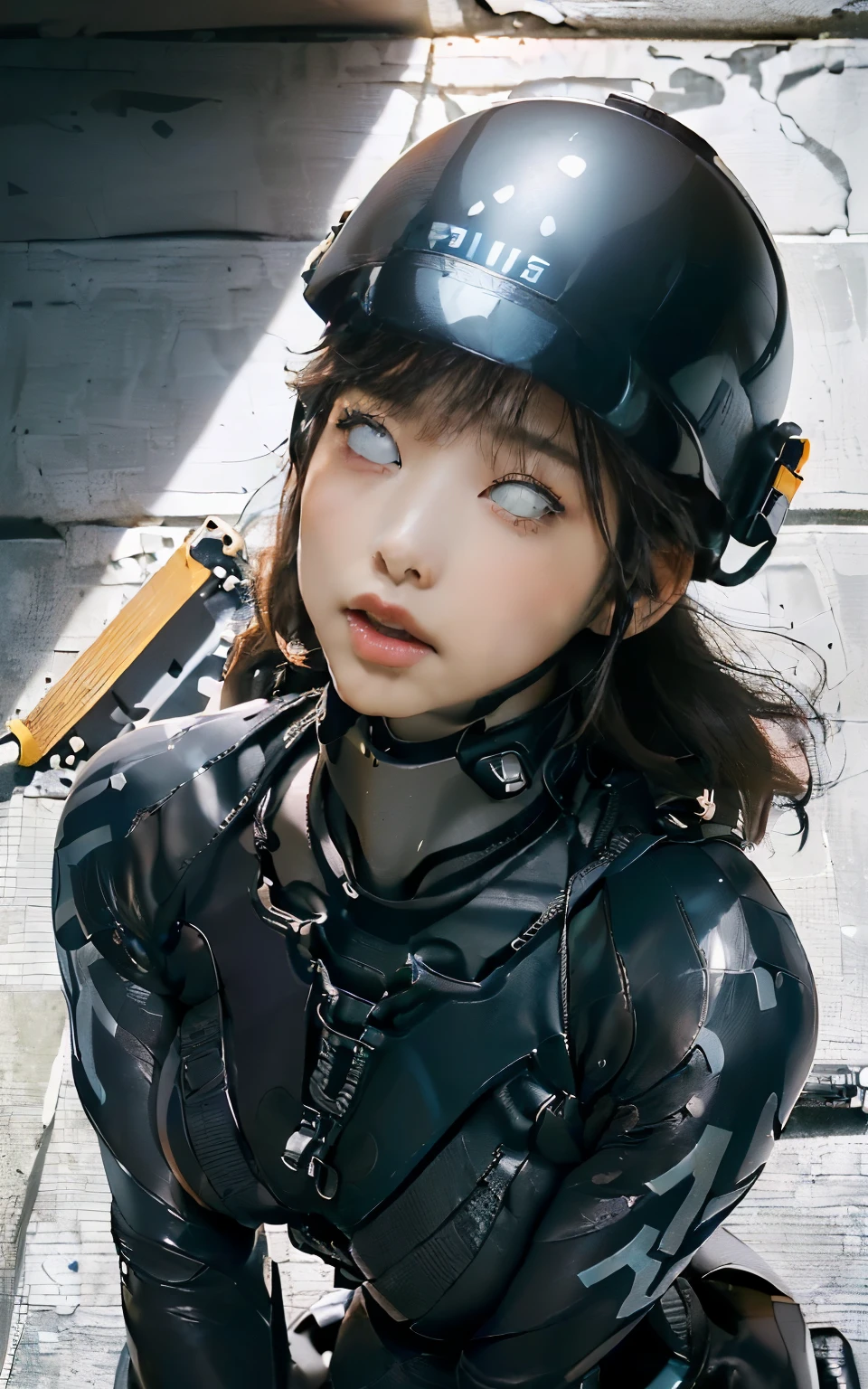 (Best image quality, Great details, Ultra-high resolution, (realism: 1.4), ((Cowboy Shot:0.75)), Best illustrations, Favorite Details, High concentration per woman, Beautiful and delicate face, Perfect Proportions,((From above)), (((((look up,Staring at the ceiling,Please open your mouth wide))))),((((White of the eyes)))),(A little thick:0.3, Large Breasts), (((Wear a rash guard、I like police uniforms, gloves, Black and grey mech, Military Harness, Has a machine gun, Equipped with a high-tech launcher, Special Forces Helmet, still))), captain, The background is a simple gray wall.
