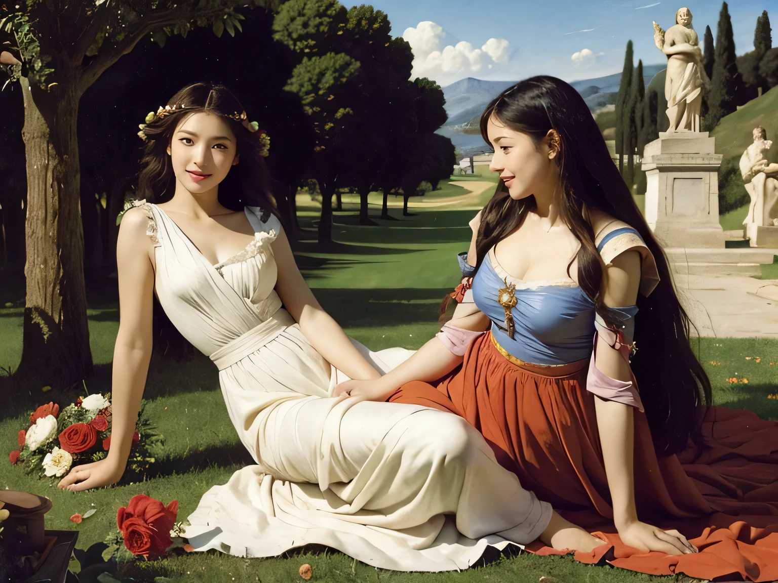 full body portrait or statue、Giorgione painting style,Arguments of two female Philosophe,math、astronomical machine、astronaut、roses in vase、fruits、Cute trinkets、smile、ancient greek costume、Ancient Roman landscape in the style of Nicolas Poussin,laughter,,Sweet and seductive appearance.、Caravaggio's paintings、Chiaroscuro of Caravaggio、hair tousled by the wind,Two women frolicking,cute smile, expression of ecstasy,Sexy,erotic,