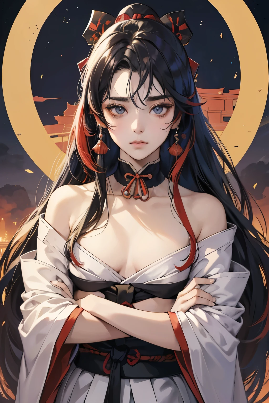 (absurdres, highres, ultra detailed),Masterpiece,intricate details,Best quality,8k,Realistic face,anime girl,Realistic skin texture,magnified textures, stunning clarity, ultra detailed eyes and faces,(onmyouji),tsurime,13 years old,Pentagram,night,,(heian),cowboy shot,noble,媪 Fu,multi colored hair,(Tateeboshi:1.6),monolid eyes,pout,crossed arms,ancient kyoto,slymes in the background,from avove,small breasts,Shoulder Bare