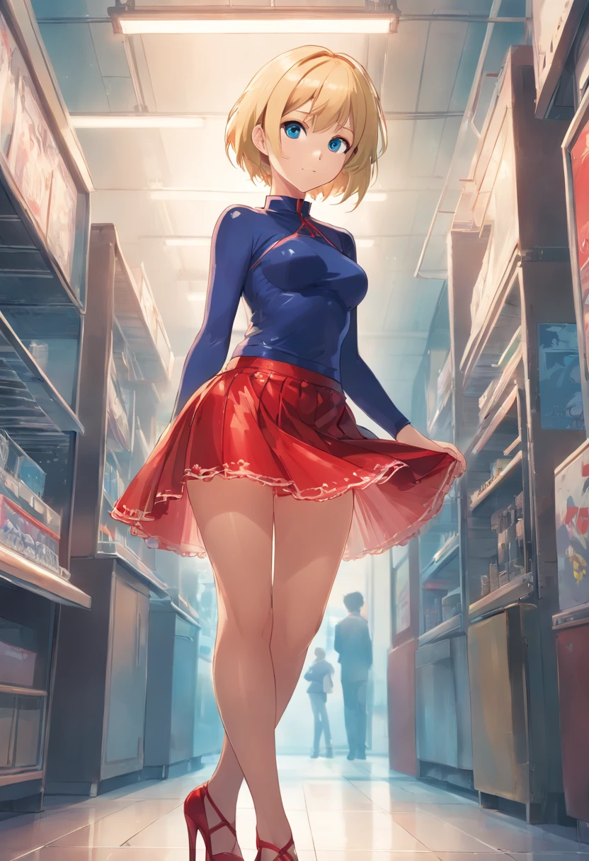 17 years old Women, ((Blonde)), ((Blue eyes)), ((Short hair)), ((Full Body)), Wearing red latex micro skirt, fishnet pantyhose, black lace bra and stiletto shoes