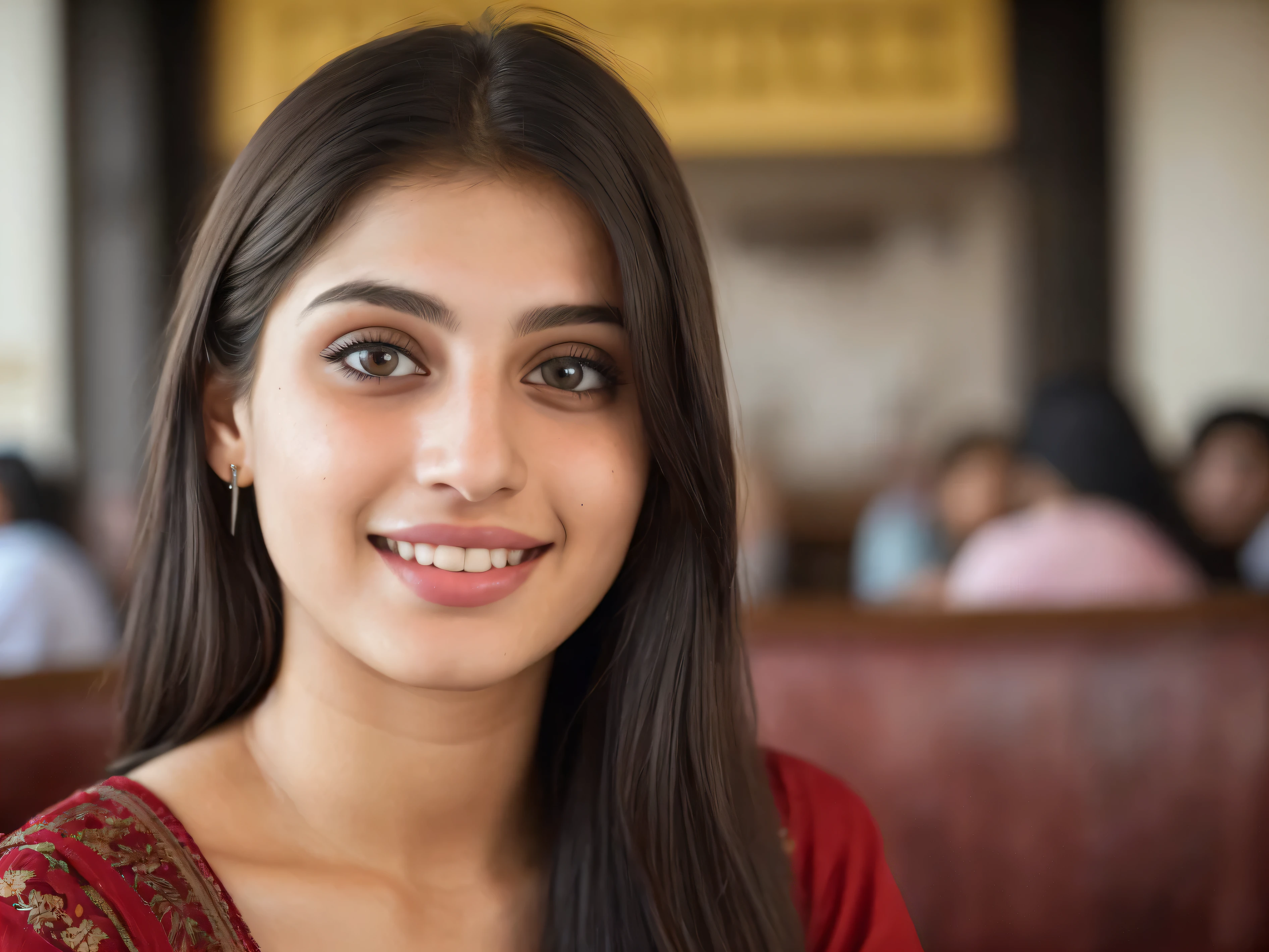 (editorial photograph of a 21 year old white skinned beautiful Pakistani woman), (highly detailed face:1.4) (smile:0.7) POV, by lee jeffries, nikon d850, film stock photograph ,4 kodak portra 400 ,camera f1.6 lens ,rich colors ,hyper realistic ,lifelike texture, , cinestill 800, black hair, young, in a restaurant