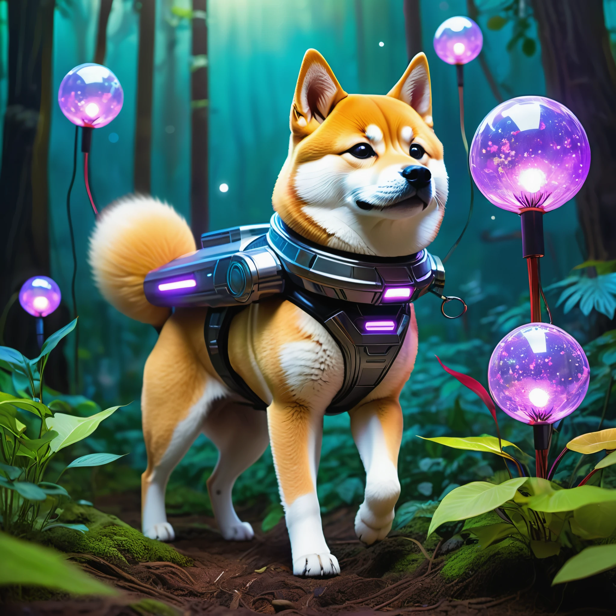 (best quality, highres, ultra-detailed, realistic:1.37), Shiba Inu cyborg super-soldier finds himself on an alien world, surrounded by a playful and fascinating cat kingdom. The Shiba Inu is equipped with mechanical enhancements, including robotic limbs and glowing electronic eyes. As he explores the exotic landscape, he is accompanied by a group of cat creatures that are curious and friendly towards him. The lush and vibrant jungle is filled with towering trees, colorful flowers, and twisting vines that create a surreal and dreamlike environment. The air is filled with the delightful chirping of birds and the mesmerizing sounds of nature. At the top of a steep hill, the Shiba Inu's rocket, shaped like a giant tennis ball, stands tall and ready for adventure. The rocket is adorned with futuristic technology, giving it a sleek and powerful appearance. The sky above is bathed in warm hues of purple and blue, casting a serene and otherworldly glow. The gentle beams of sunlight filter through the canopy, creating beautiful patterns of light and shadow on the forest floor. As the Shiba Inu embarks on this intergalactic escapade, he embraces the unknown with excitement and curiosity, ready to uncover the mysteries of this extraordinary world.