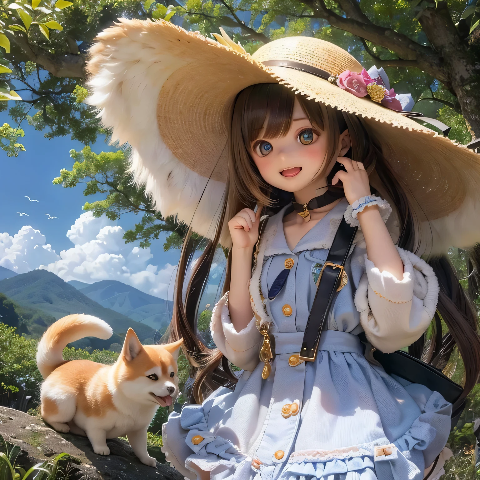 Beautiful fine details, Long eyelashes, Cute Button Nose, Rosy lips, Girl playing with Shiba Inu in a picturesque rural setting, The warm sunlight casts a golden hue over the landscape, Soft green grass and blooming flowers, A tall mountain々The winding road leading to, Towering Blue々Tree々, Serene atmosphere, A girl in a loose dress and a wide-brimmed straw hat, smile、With pure joy in his eyes, The Shiba Inu is wagging his tail and looking up at her excitedly, Build heartwarming bonds, A sense of adventure and exploration in the air, A mountain of magnificent beauty々, The peak touches the clouds, The sound of birds chirping and leaves rustling in the breeze, capturing the perfect moment, (highest quality, High resolution, Very detailed, Realistic)