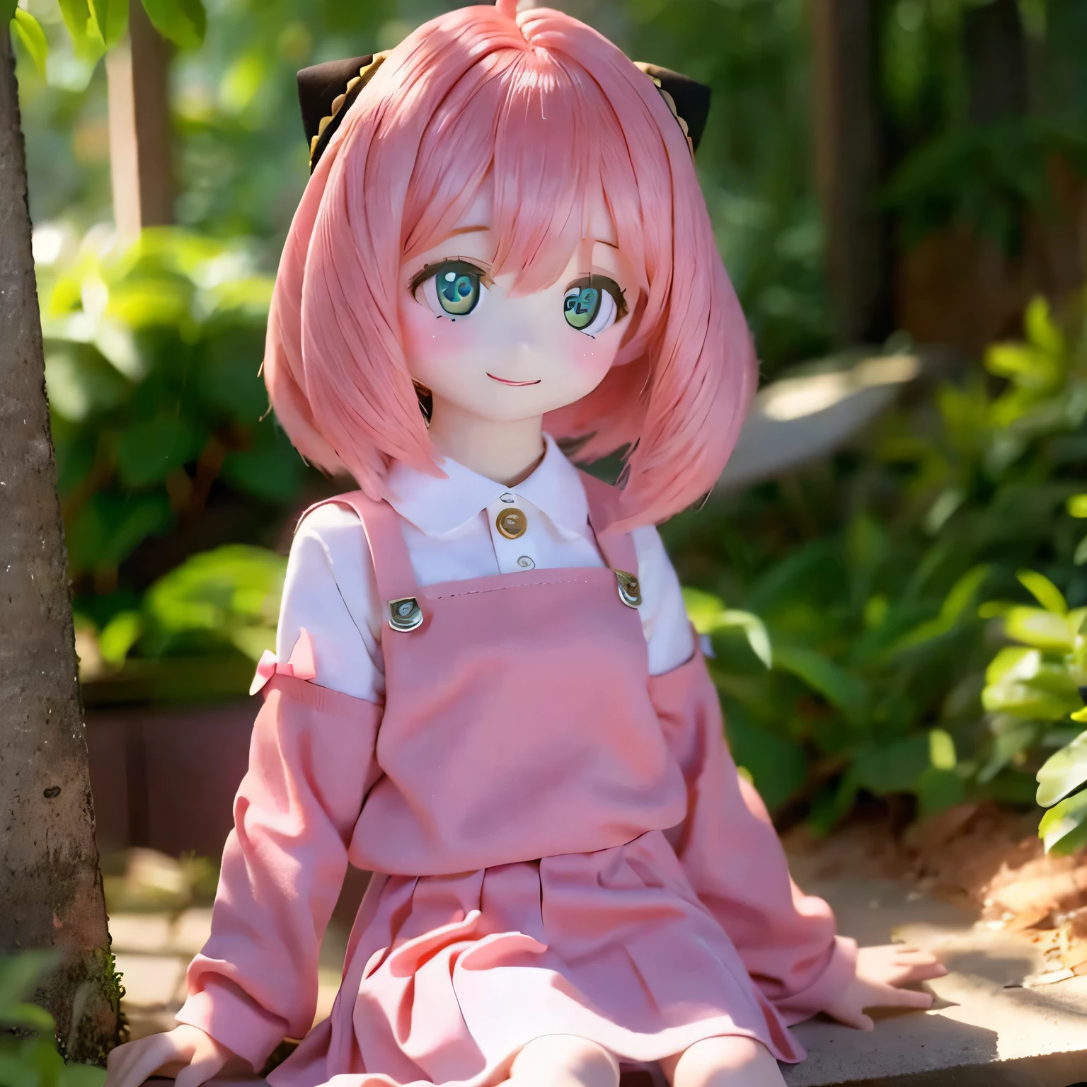 (highest quality,4K,High resolution,masterpiece:1.2),Very detailed,Realistic,Beautiful fine details,Beautiful lip detail,Long eyelashes,Pink Hair,short hair,smile,5 year old girl,Wearing a pleated skirt (Chibi Skirt),Cute expression,Hilarious,Playful,Girlish,Bokeh,Soft lighting,Portraiture