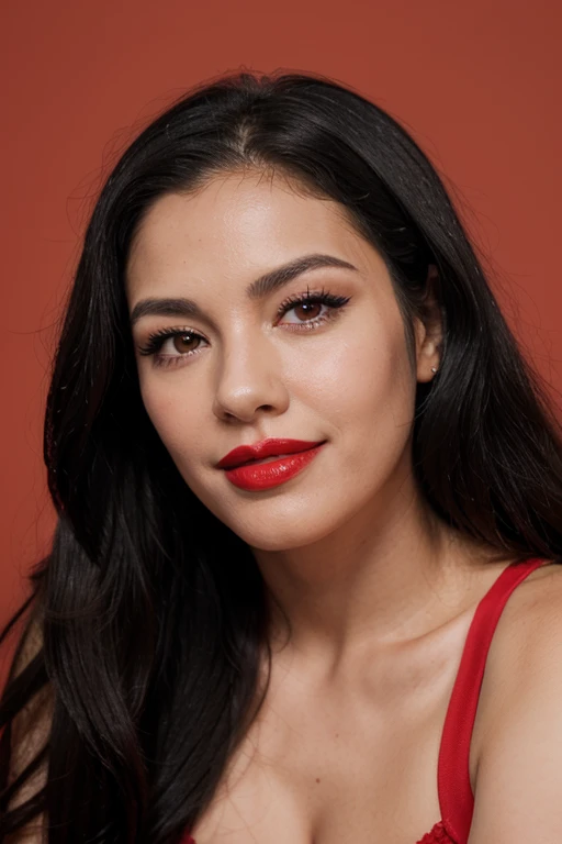 arafed woman with long black hair and Red lipstick posing for a picture, foto de perfil com headshot, thick Red lips, Red lips, inspired by Gina Pellón, cheeky smile with Red lips, bright Red lipstick, inspirado em Briana Mora, imagem de perfil, Red lipstick on face, small and thick Red lips, Alanis Guillen, headshot, Red lipstick
