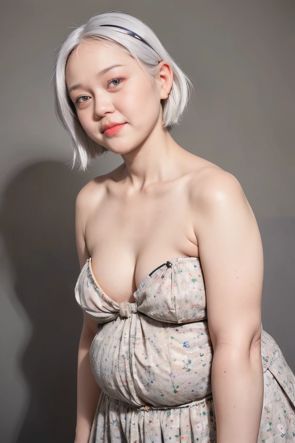 ((SHORT WHITE HAIR COLOR)), ((FLAT CHEST:1.7)), ((Lace)), (Happy smile), masutepiece, High quality, UHD 32K, Realistic face, Realistic skin feeling , A Japanese Lady, 58 years old matured lady, , Very cute and baby-like face, (((FLAT CHEST))), (Night time at forest), ((look In front  at the camera and SADNESS)), (((CUTE GIRL))), ((YELLOW LIPS)), ((Floral Pattern)) little wearing strapless, strapless colorful, dark night background , black forest night, horror scary place, (from behind up) seductive pose, ((Chubby:1.4)),