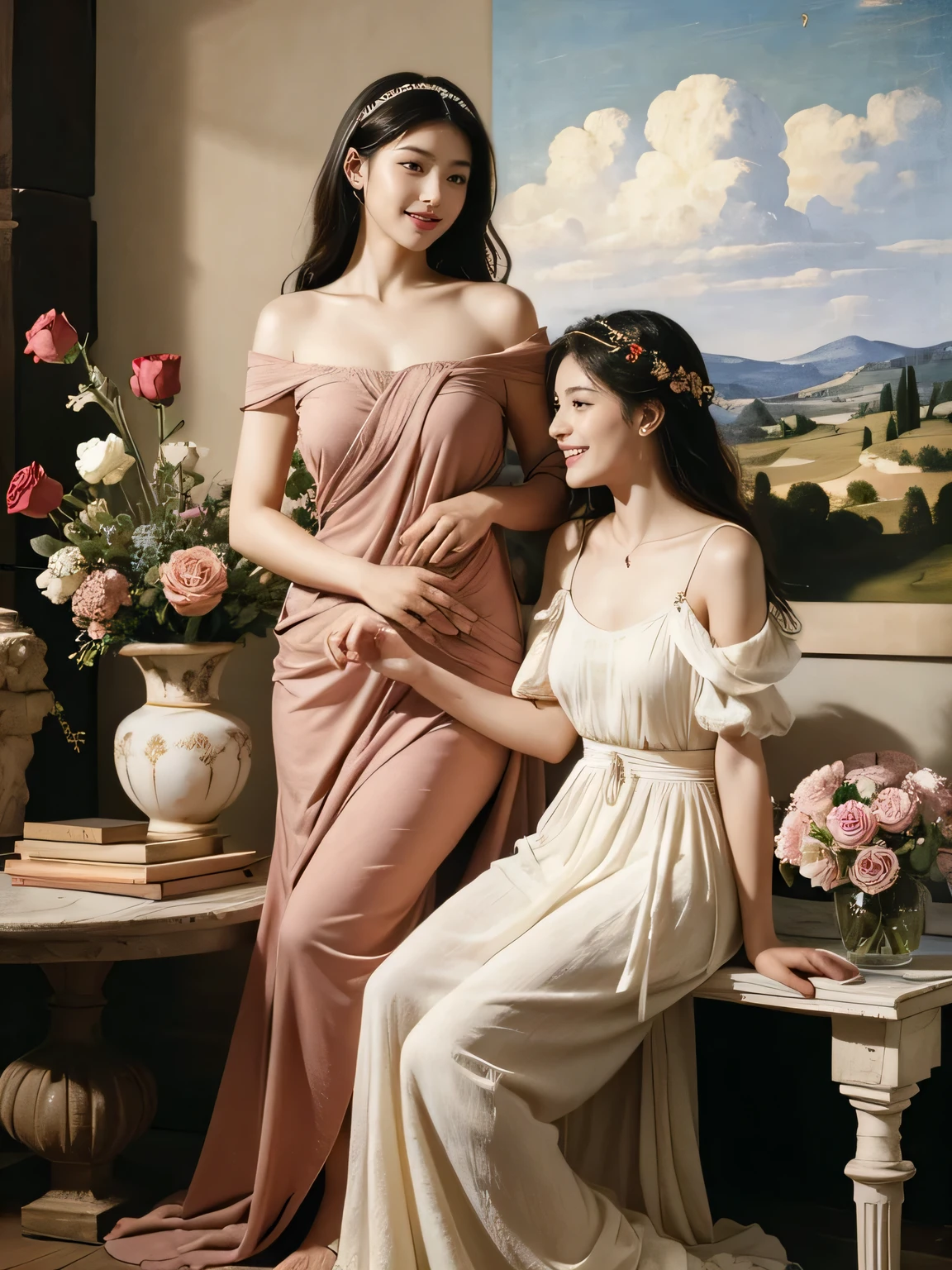 full body portrait or statue、Giorgione painting style,Arguments of two female Philosophe,math、astronomical machine、astronaut、roses in vase、fruits、Cute trinkets、smile、ancient greek costume、Ancient Roman landscape in the style of Nicolas Poussin,laughter,,Sweet and seductive appearance.、Caravaggio's paintings、Chiaroscuro of Caravaggio、hair tousled by the wind,Two women frolicking,cute smile, expression of ecstasy,Sexy,erotic,