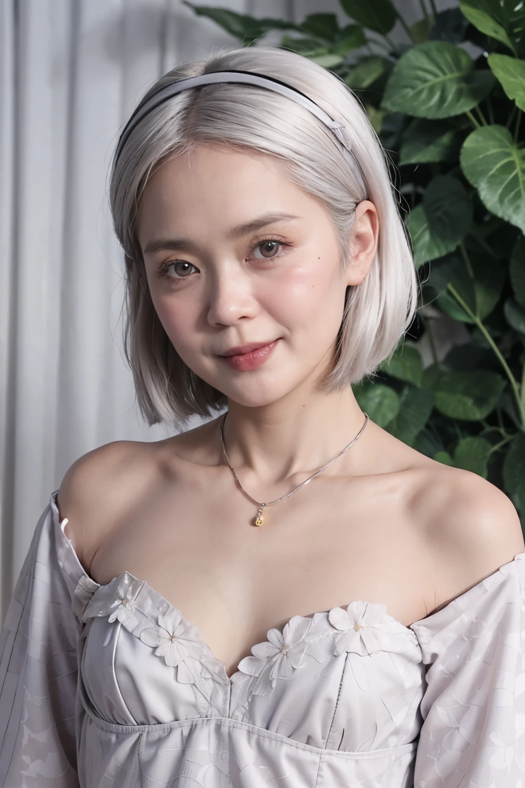 ((SHORT WHITE HAIR COLOR)), ((FLAT CHEST:1.7)), ((Lace)), (Happy smile), masutepiece, High quality, UHD 32K, Realistic face, Realistic skin feeling , A Japanese Lady, 58 years old matured lady, , Very cute and baby-like face, (((FLAT CHEST))), (Night time at forest), ((look In front at the camera and SADNESS)), (((CUTE GIRL))), ((YELLOW LIPS)), ((Floral Pattern)) little wearing strapless bra, strapless colorful bra, dark night background , black forest night, horror scary place, (from behind up) seductive pose, hijab