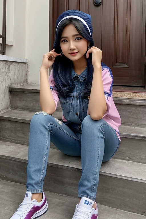 seorang cewe Cantik ,umur 26 tahun, ,pake jaket warna biru sedang bermain gitar diteras rumah,posisi duduk kaki silang celana jeans sobek,kursi,pandangan kedepan senyum,
latar belakang di teras rumah pemandangan indah,sore hari