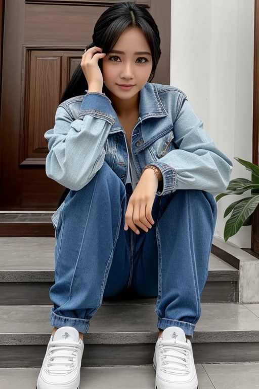 seorang cewe Cantik ,umur 26 tahun, ,pake jaket warna biru sedang bermain gitar diteras rumah,posisi duduk kaki silang celana jeans sobek,kursi,pandangan kedepan senyum,
latar belakang di teras rumah pemandangan indah,sore hari