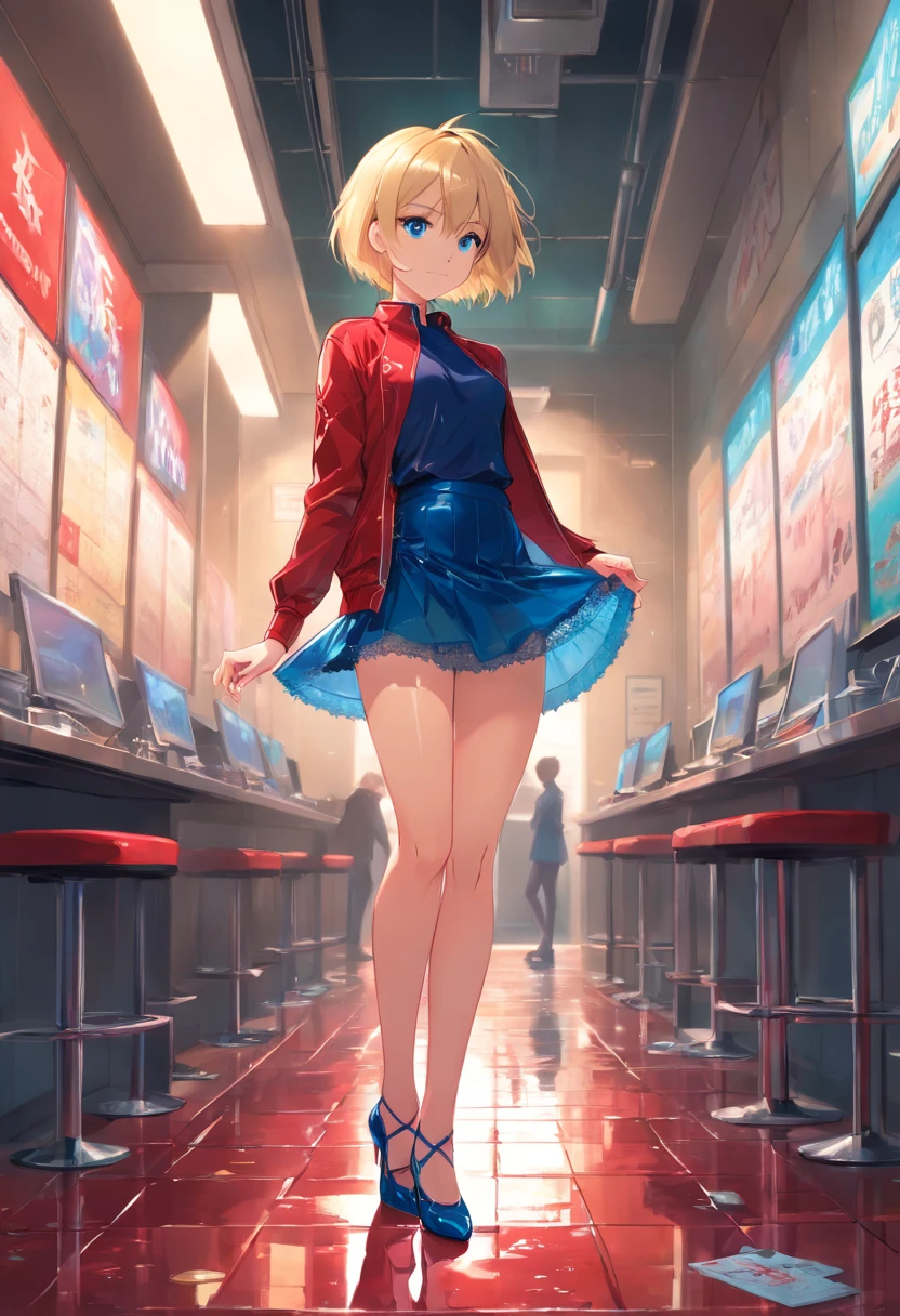 17 years old Women, ((Blonde)), ((Blue eyes)), ((Short hair)), ((Full Body)), Wearing red latex micro skirt, fishnet pantyhose, black lace bra and ((stiletto shoes)), wet floor