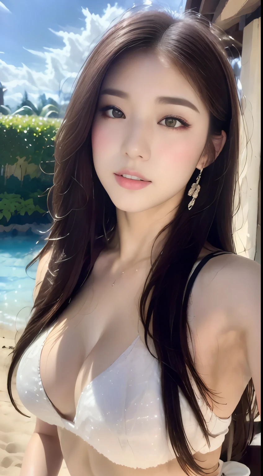 ((highest quality, 8k, masterpiece :1.3)), One girl, Selfie, close, close your eyes, Slim face, Beautiful woman, (Dark brown hair), Big Breasts:1.3, Highly detailed face, Fine grain, double eyelid, Blur the background, Slim face, city, outside, sunny, null, nature,Hawaiian sand beach,Dynamic pose,Sexy pose,White Micro Bikini Swimsuit,(masterpiece: 1.3), (Maximum resolution: 1.4), (Ultra high definition: 1.2), Cinematic Light, Ultra high definition, (Detailed eyesと肌), (Detailed facial features), 8k resolution, Perfect Style, Beautiful expression、Highly detailed face and skin texture、Detailed eyes、Glitter Eyeliner:1.2、Thin cheeks、((Pure white skin:1.4)),Glossy Lips:1.2、((Full Body Shot:1.2)),(Straight Hairstyles、Dark brown hair)、One-length long hair、175cm,From above