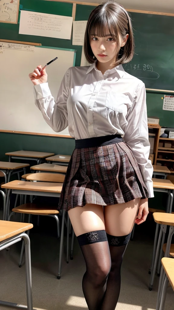 muste piece, best quality, illustration, Super detailed, fine details, High resolution, 8K,wall paper, perfect dynamic composition,(Details High quality, realistic depiction of eyes:1.3), (white school shirt :1.2), (plaid skirt :1.3), tie black, black thigh-high stockings, standing, open legs, short bob hair, in a classroom, blackboard in the background, deep on field, large breasts, black hair color, Big Natural Color Lip, (perfect body shape), crying a little、cold gaze, Harajuku style、30 year old girl、cute type、****ta、beautiful legs, Gravure Idol