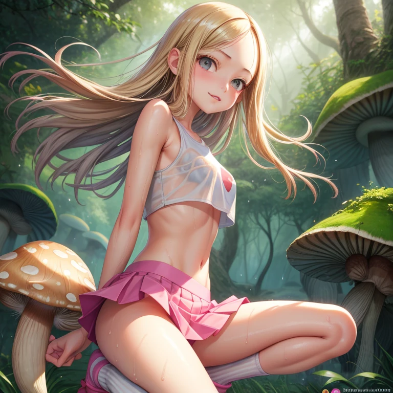 Realistic, 1girl, cute, , teen, slender, round face shape with angular jaw, blonde with bangs, grey eyes, shoulderless crop top, sideboob, picking wet pink colorful mushrooms in a celestial forest, sunshine, stripe socks, pink micro skirt, horny touch, windy,