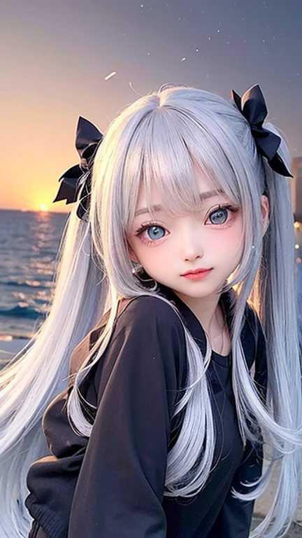 (highest quality, masterpiece), One girl, Twin tails、Pause, particle, Wind, flower, Upper Body, Simple Background, View your viewers, , Milky Way,smile、Turquoise eyes、（Silver Long Hair）、cute、Twin taililky way、Crescent Moon