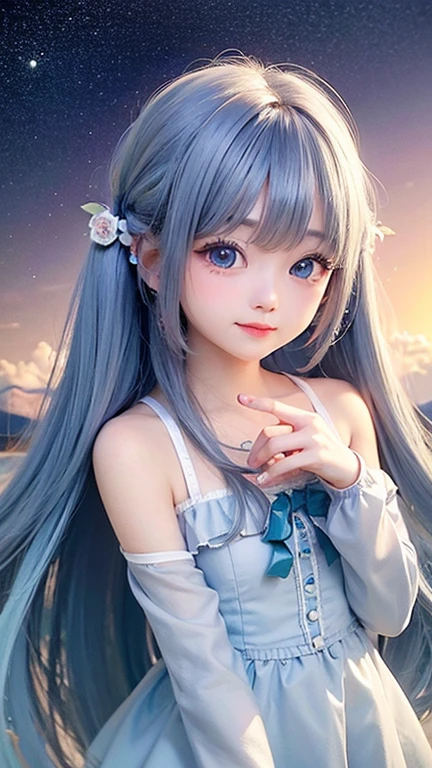 (highest quality, masterpiece), One girl, Twin tails、Pause, particle, Wind, flower, Upper Body, Simple Background, View your viewers, , Milky Way,smile、Turquoise eyes、（Silver Long Hair）、cute、Twin taililky way、Crescent Moon