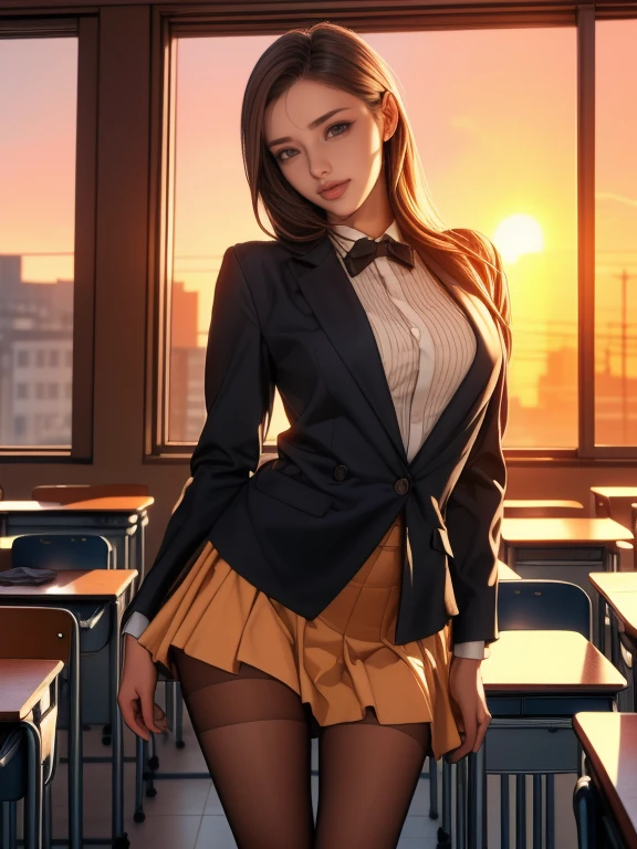 (8k,Photorealistic, masutepiece, Best Quality, Raw photo:1.3)、1woman in, 25years old,Solo,school girl, Long hair, Brown hair, Detailed beautiful face, alluring face, (Detailed beautiful brown eyes:1.2), medium breasts,(loose suit, sheer Skirt :1.35), ( Perfect body skinny beauty: 1.4),( temptation Pose:1.3), (Looking at Viewer, front view,eyes focus:1.2), Detailed background, (sunset:1.2), classroom,fine detailed, intricate detailes, Ray tracing, depth of fields, seductive smile,classroom,
