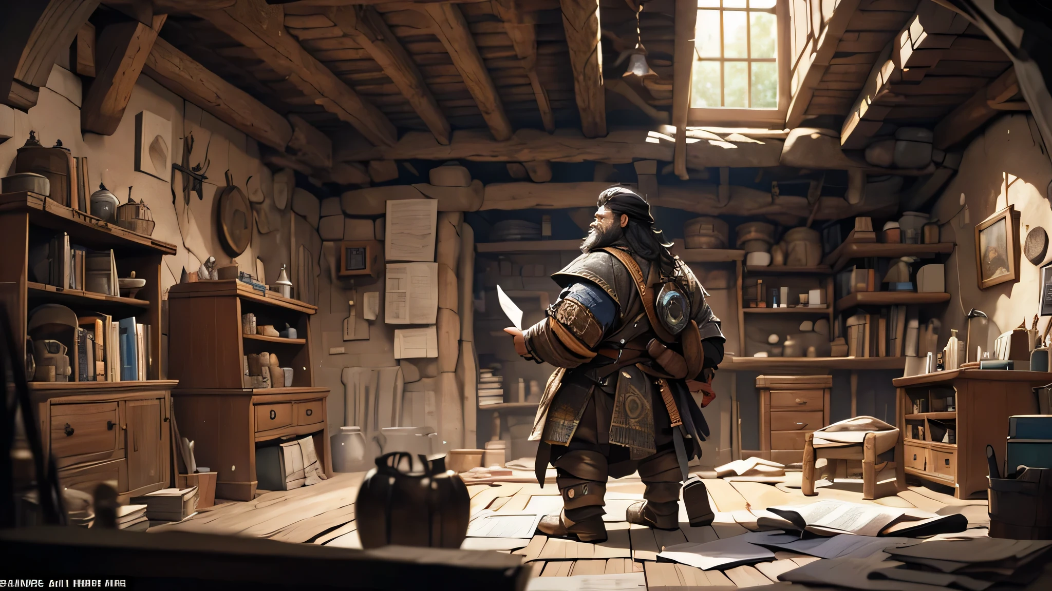 depict a dwarf with short black hair and a beard, sturdy body, rear view. was in a room in a cave, the room looked messy and dusty with notes scattered around, fantasy theme, read a blueprint of a design