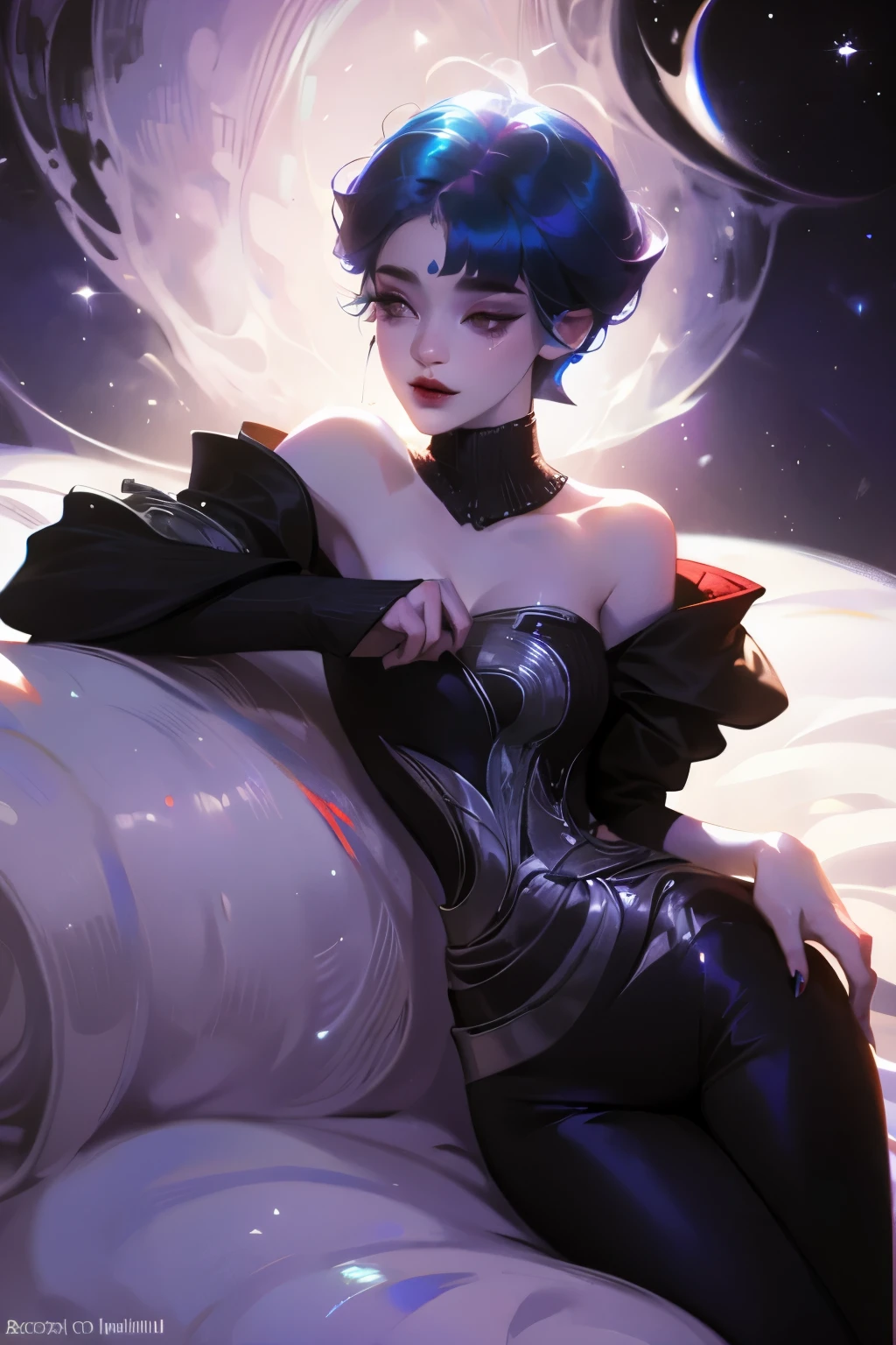 (Pixel Art: 1.2), Beautiful gothic woman, Sexy gothic girl, Designer sweatshirt jacket with logo, Pants, Black short hair，Blue hair tips, bedroom, Lying in bed, (By Isaac Quick: 0.8) [author：Ilya Kuvshinov: 0.65]