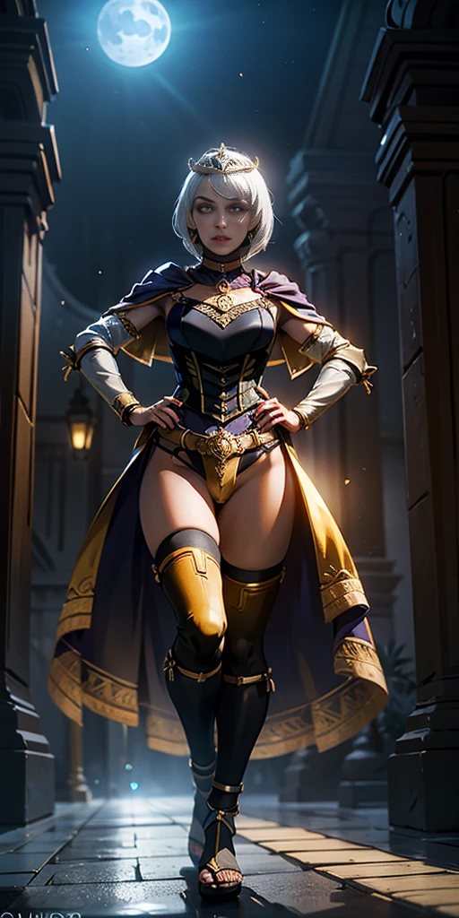 paladin lady in ornate golden armor, black collar, pauldrons, breastplate, corset, glowing halo, short hair, bob hair style, white silver hair, yellow glowing eyes, bright pupils, eye focus, red cape, temple indoors, stained glass windows, night, moonlight, particles, light beam, chromatic aberration, (full body, whole body. 1solo (girl). slave fighter, loincloth standing, hands on hips full body, whole body, metal sandals, choker, big belt, view from below, feet together, bracers, tiara)